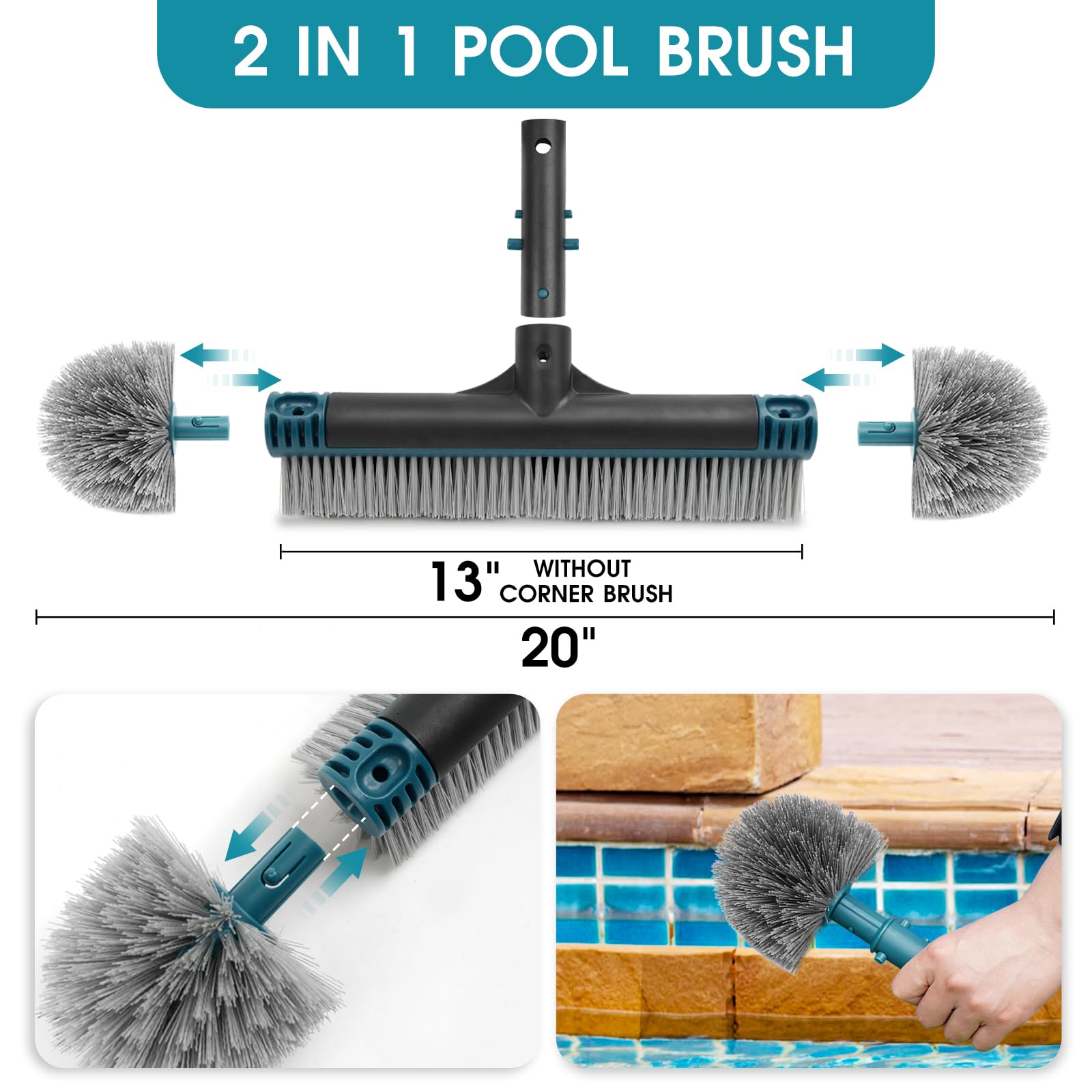 20'' Pool Brush Head with Durable Nylon Bristles - Detachable Swimming Pool Cleaning Brush for Walls, Steps & Corners - EZ Clip Aluminum Handle - Perfect for Inground & Above Ground Pools