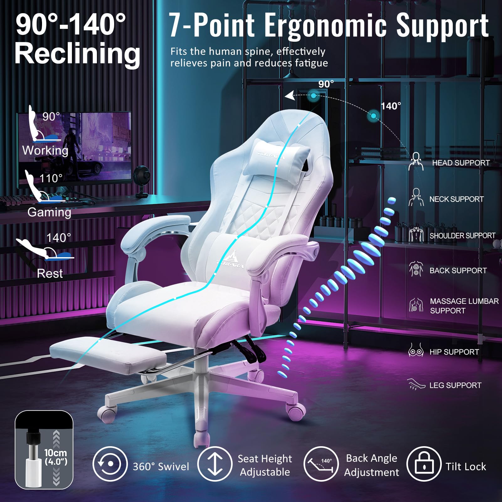 Ergonomic White Gaming Chair with Massage & Footrest - Reclining Leather Office Desk Chair with Pocket Spring Cushion, Adjustable Headrest & Lumbar Support - Perfect for PC Gamers, Home Office & Streaming Setup