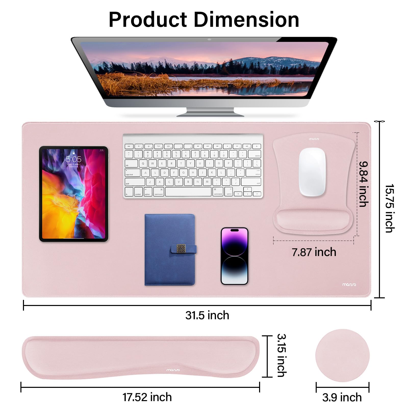 MOSISO Gaming Mouse Pad Set with Wrist Rest - Ergonomic Non-Slip for Home Office & PC Gaming, Pink