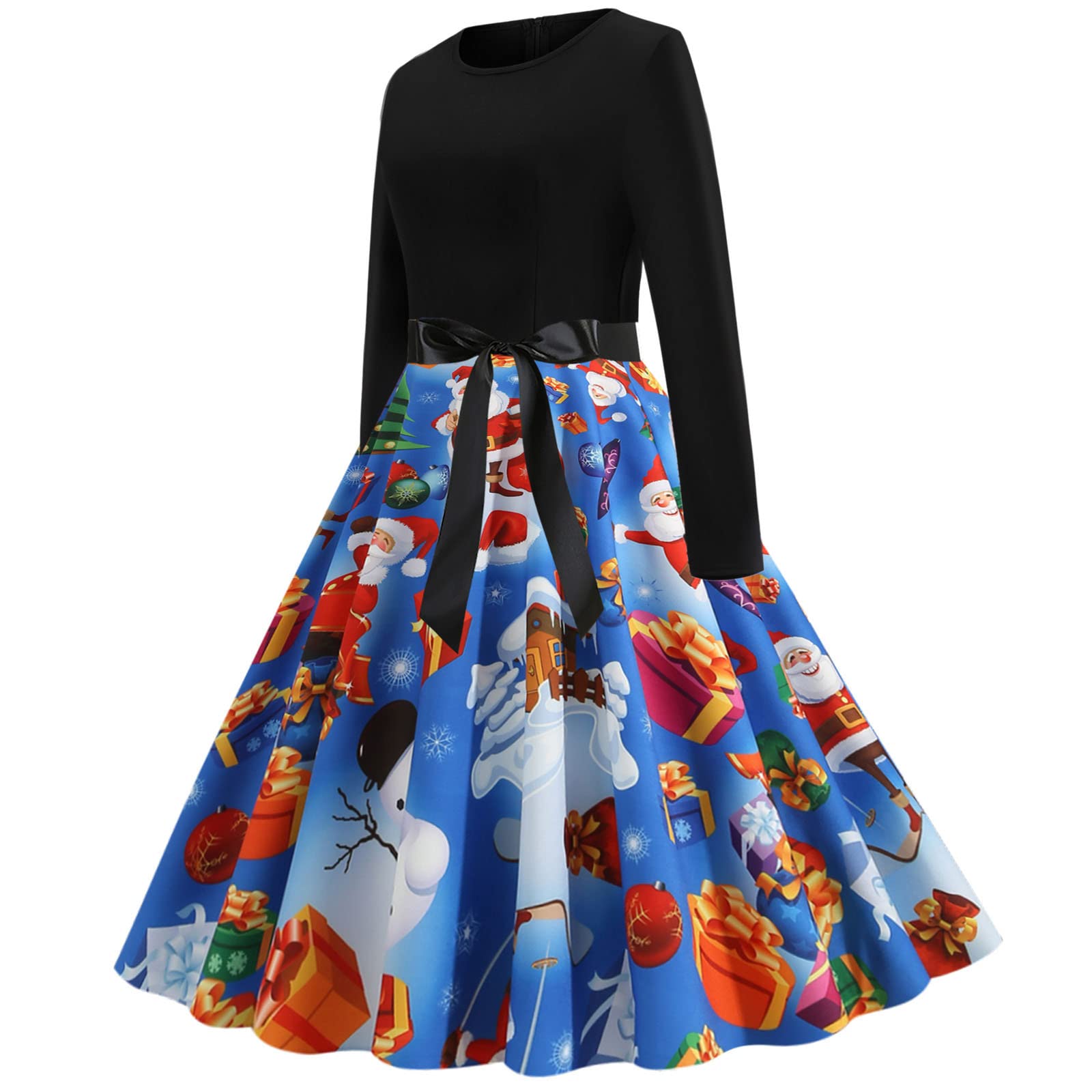 Plus Size Semi Formal Vintage Christmas Printed Long Sleeve Tunic Dress for Women - Elegant Holiday Party & Office Wear