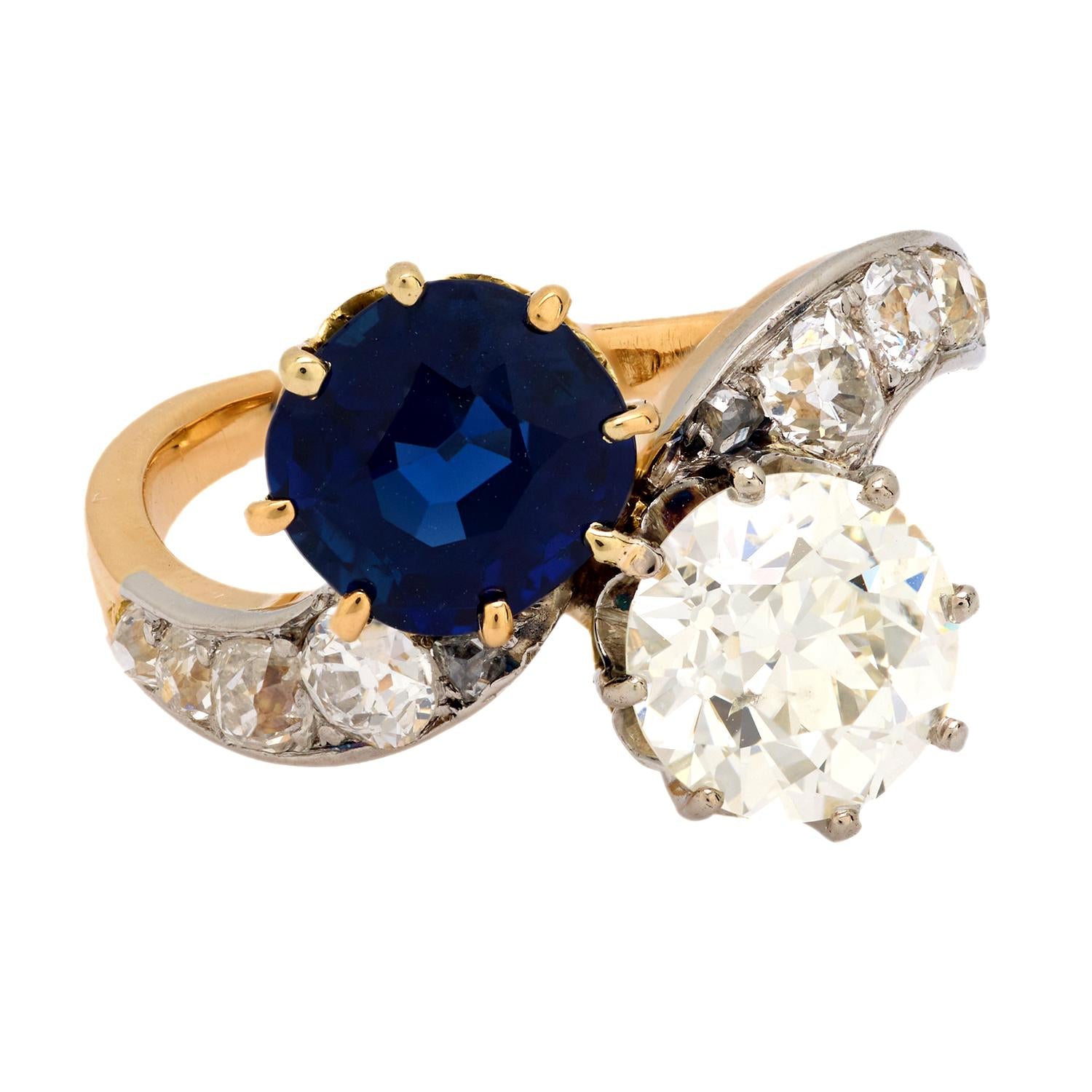 Victorian French GIA Certified Diamond & Natural No Heat Sapphire 18K Yellow Gold Toi et Moi Ring for Engagement, Anniversary & Special Occasions