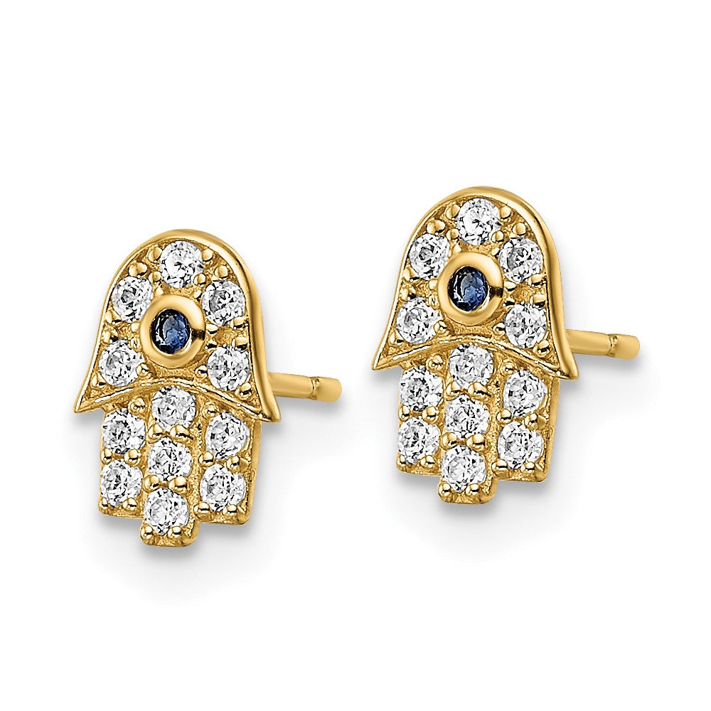 Gold CZ & Blue Glass Stone Hamsa Post Earrings - Model YE2133 - Spiritual Jewelry for Women, Boho Chic Accessories for Everyday Wear or Special Occasions