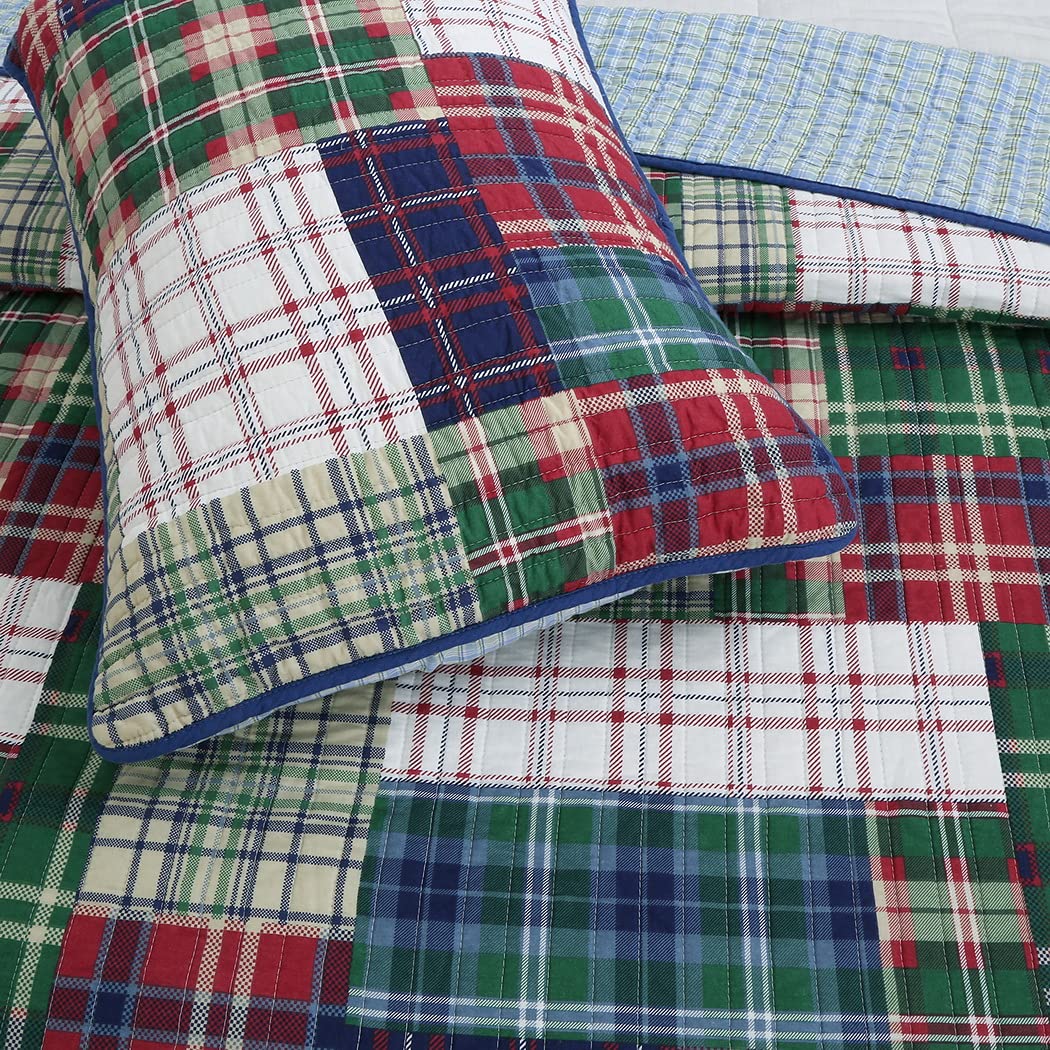 Tartan Plaid Reversible 3-Piece Quilt Set - 100% Cotton Full/Queen Size Bedding - Cozy Bedroom Decor for Fall & Winter