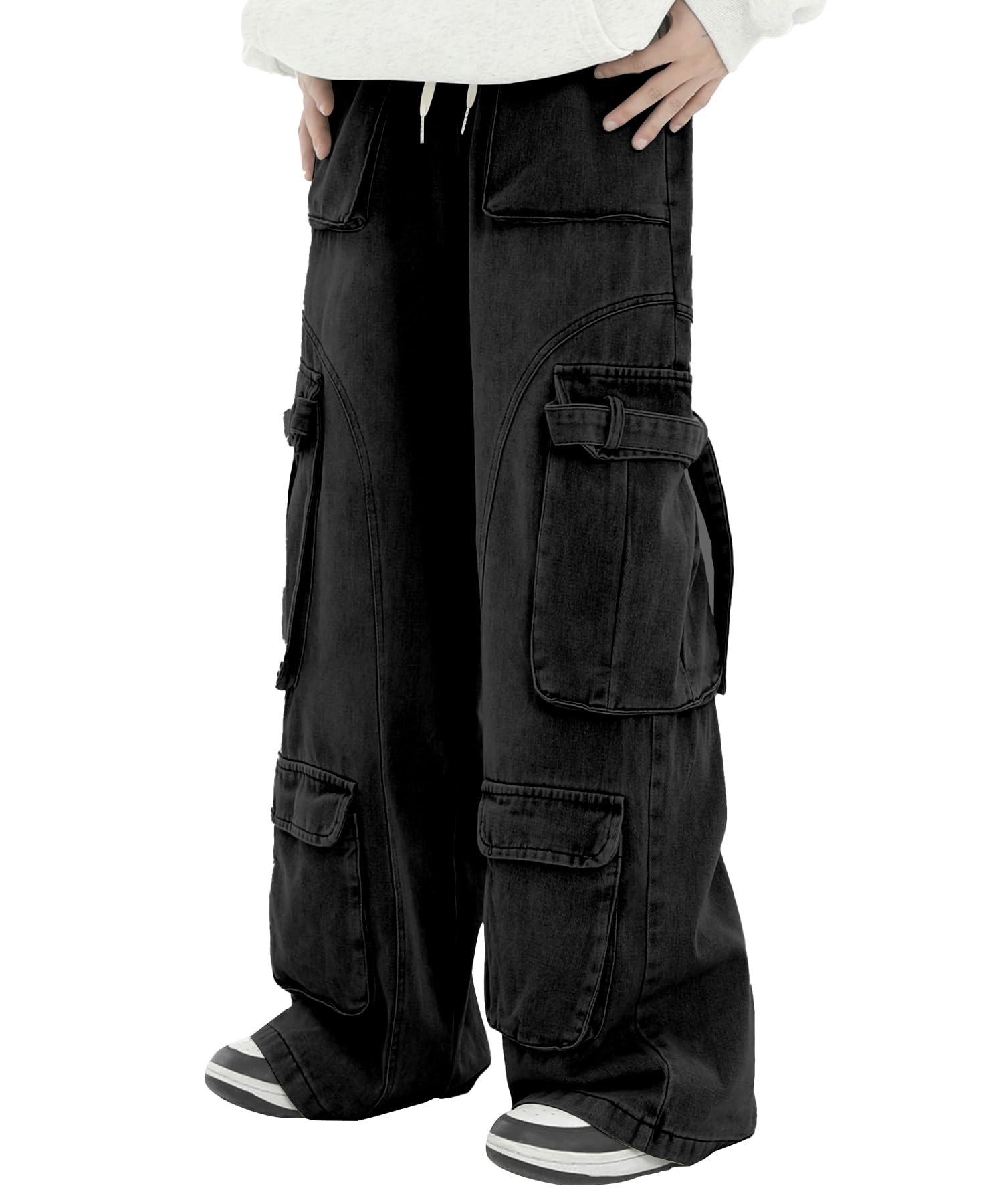 Vintage Washed Cargo Jeans for Men & Women - High Waist Baggy Wide Leg Streetwear Pants with Multiple Pockets | Casual Outfit, Urban Fashion, Hip Hop Style