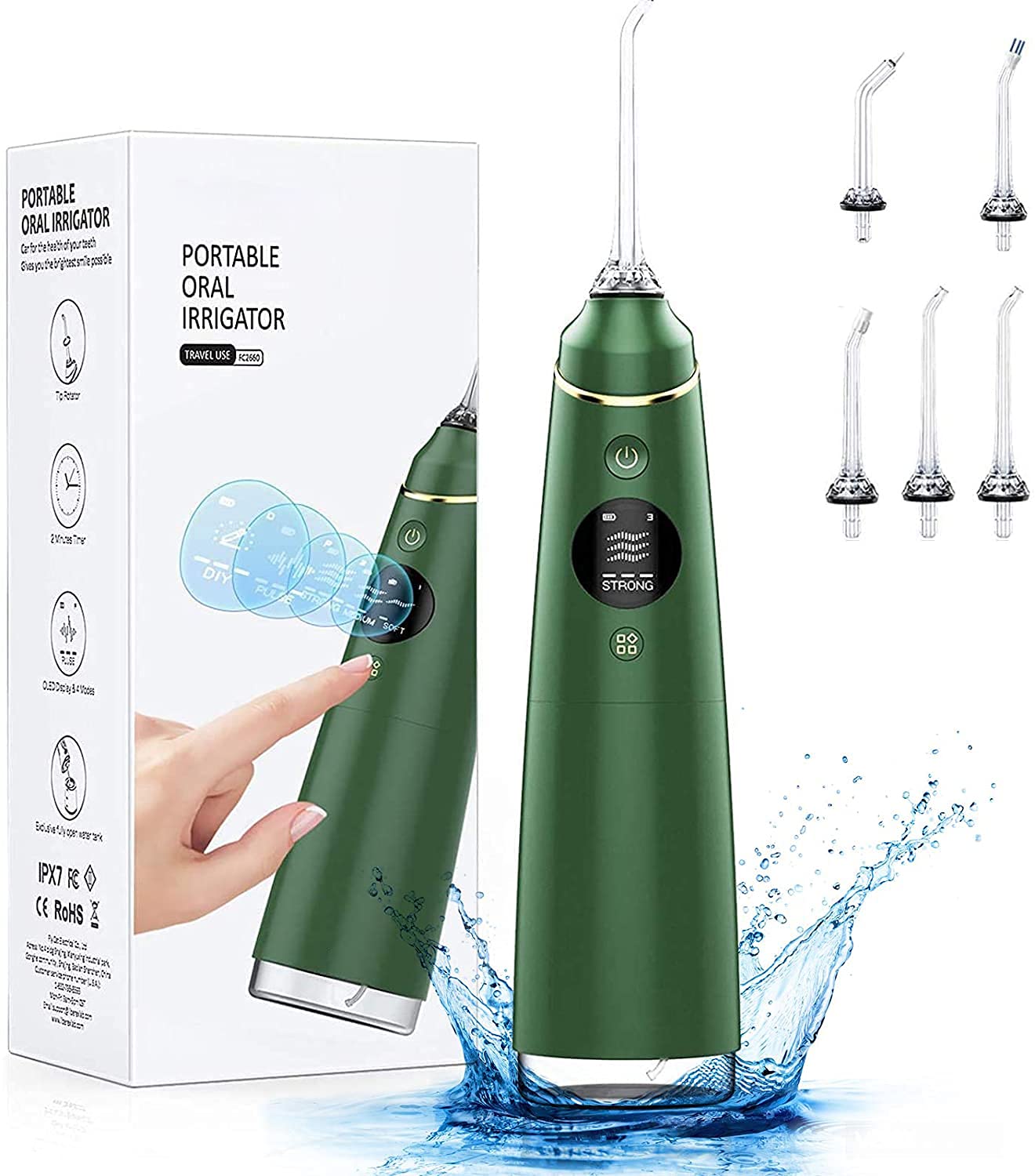 **Cordless Water Flosser for Teeth Cleaning - 4 Modes & 10 Customizable Settings, 300ML Rechargeable IPX7 Waterproof Dental Irrigator with OLED Display, Oral Care Water Jet Cleaner for Travel, Home & Shower Use (Green)**    **Usage Scenarios:** Perfect for daily oral hygiene, travel convenience, and refreshing shower routines.