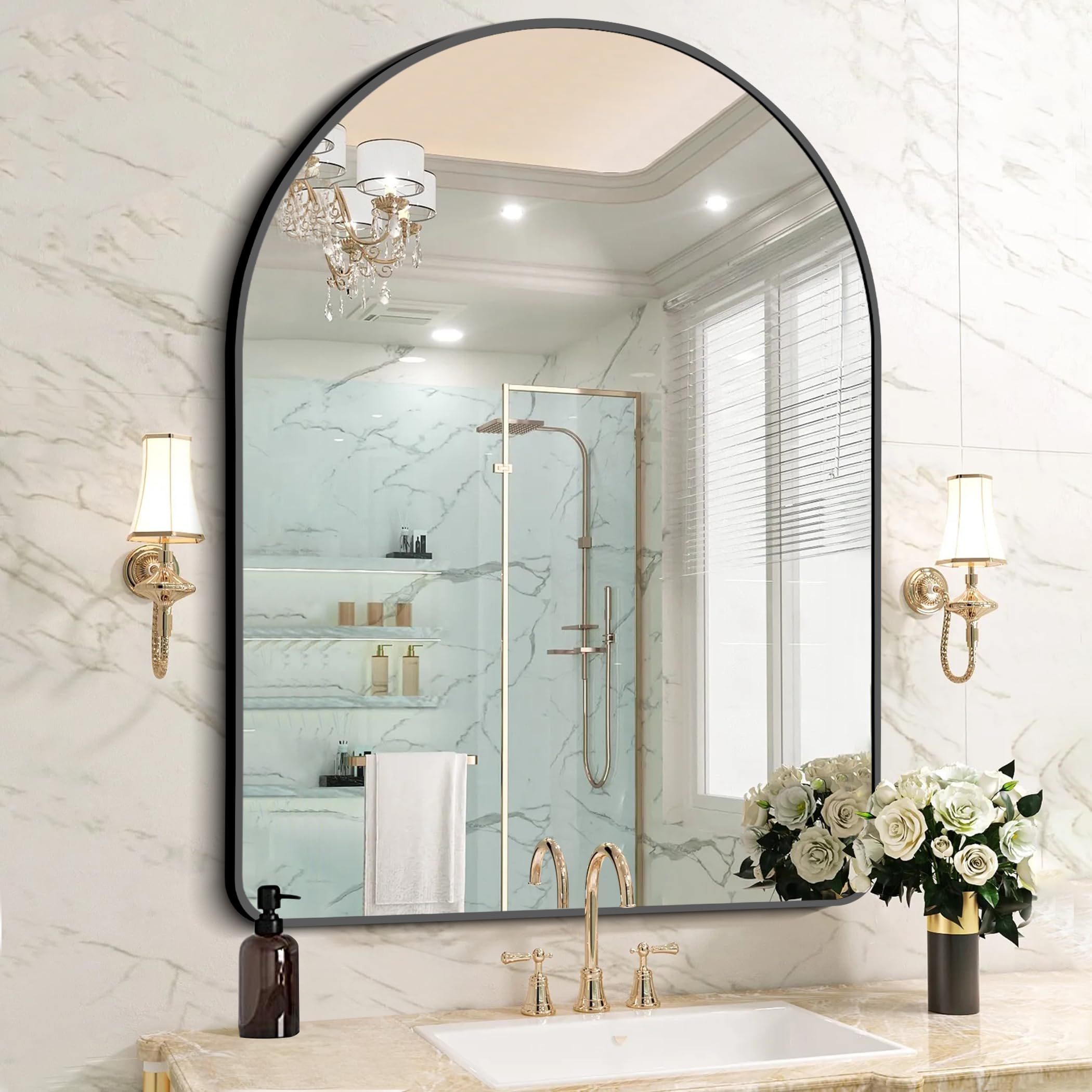 36x48 Inch Arched Wall Mirror - Modern Black Aluminum Alloy Frame Bathroom Mirror for Bedroom, Living Room & Entryway - Hanging or Leaning Full Length Dresser Mirror for Home Decor (Perfect for Vanity, Hallway & Dressing Area)