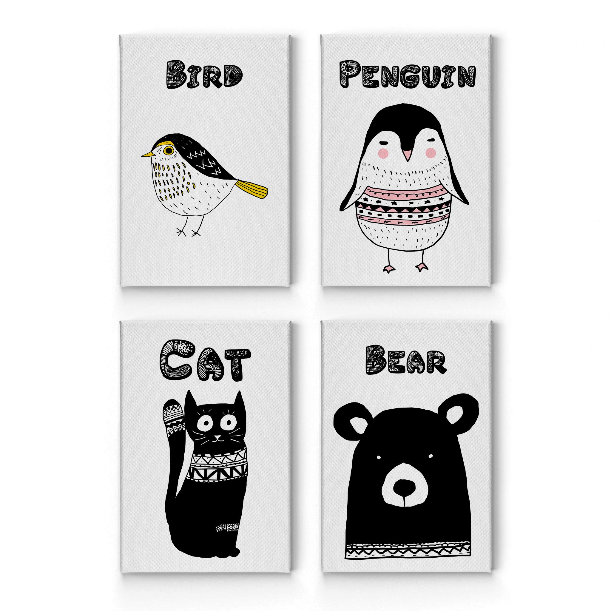 4-Panel Cute Animal Canvas Wall Art Set - Bird, Cat, Penguin & Bear Prints for Kids Room, Nursery & Baby Room Decor - Ready to Hang Made in USA (36x24 Inches Each) - Perfect for Playrooms, Bedrooms & Daycare Centers