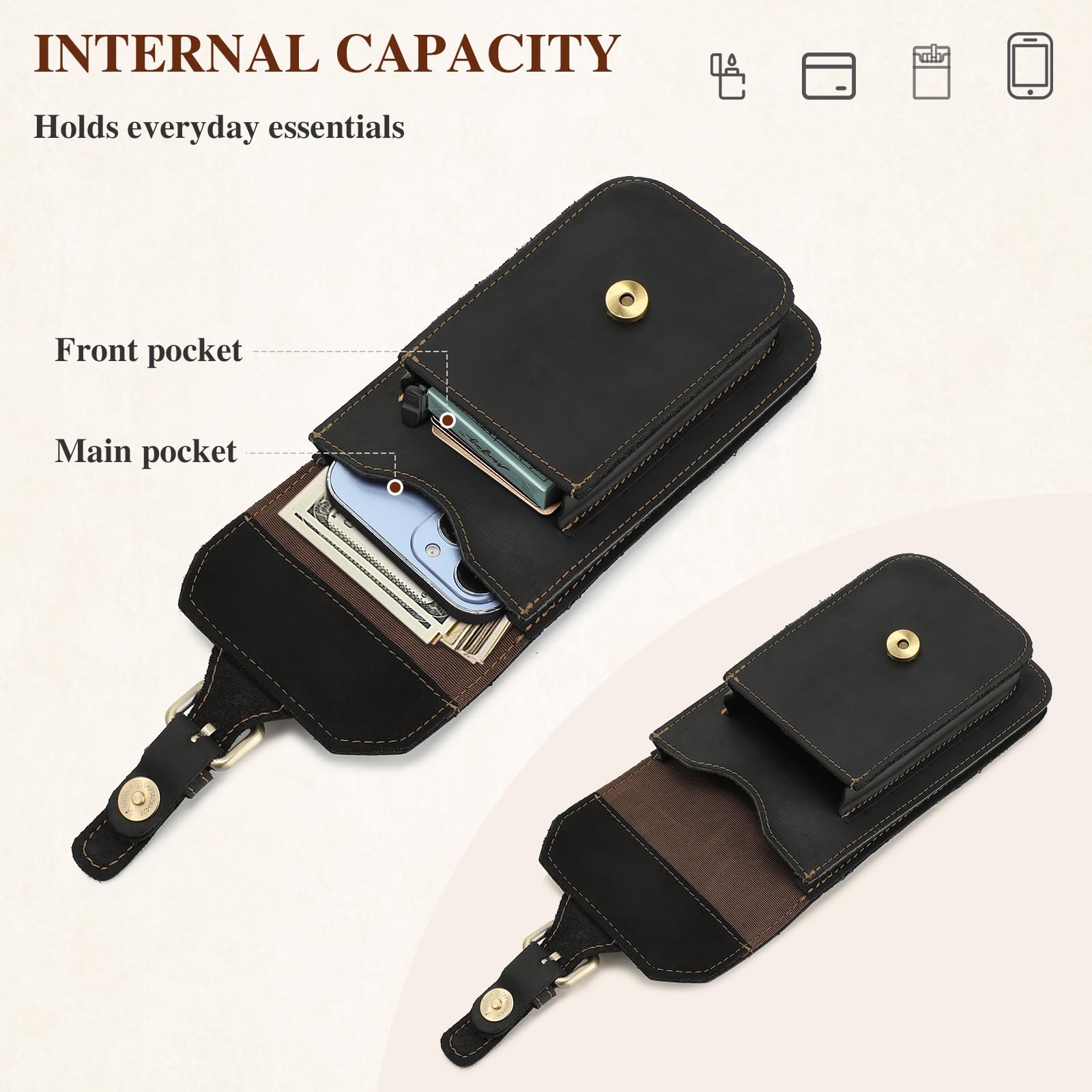 BAIGIO Genuine Leather Belt Phone Pouch - Universal Crossbody Cell Phone Holster for iPhone 16/15/14/13/12 Pro Max, Samsung Galaxy A15/A55/S24/S23/S22, Xiaomi - Perfect for Hiking, Travel & Everyday Use