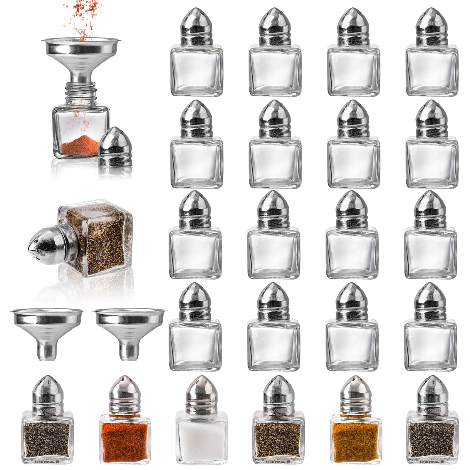 ZEAYEA 24-Pack Mini Glass Salt and Pepper Shakers Set - 0.5 oz Small Spice Jars with Funnel, Cubic Design for Wedding Favors, Party Decor, Restaurant & Home Kitchen Use - Perfect for Table Settings, Gift Baskets and Spice Organization