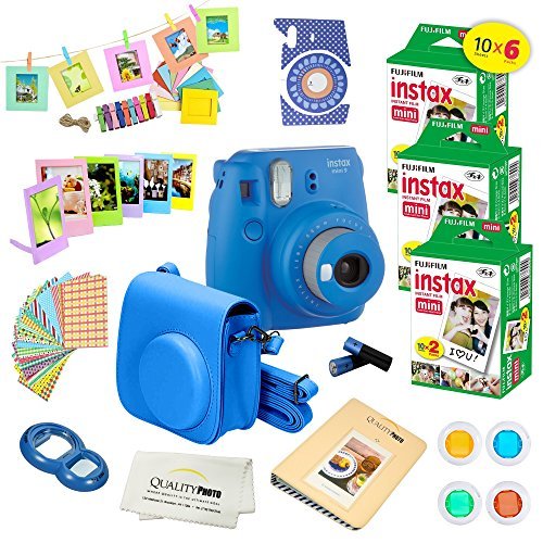 Fujifilm Instax Mini 9 Instant Camera in Cobalt Blue with 60-Pack Film & 14-Pc Deluxe Accessory Bundle - Perfect for Parties, Travel & DIY Photo Gifts