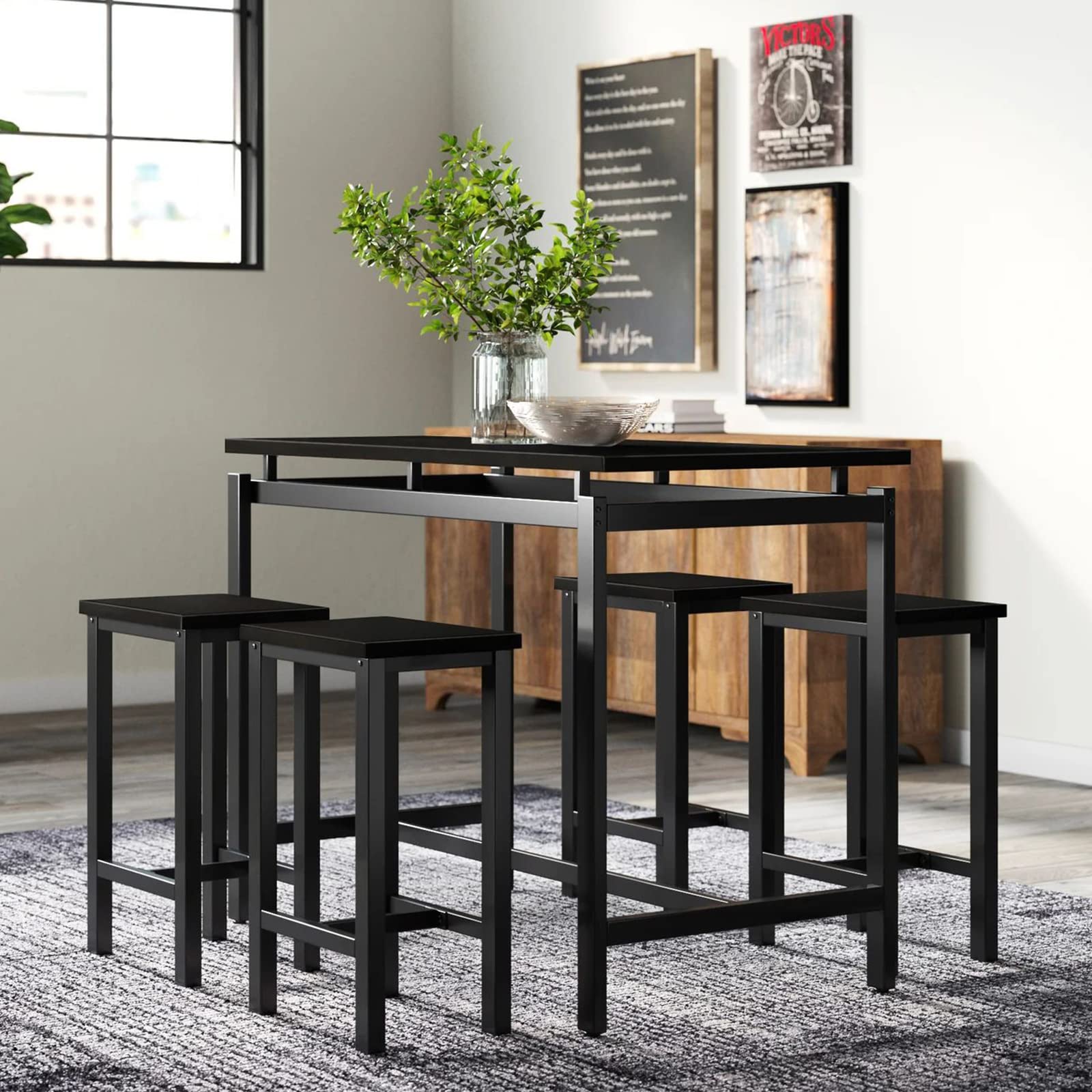 Modern 5-Piece Industrial Bar Table Set with 4 Chairs - Kitchen Dining Table for Small Spaces, Breakfast Nook & Pub Style - Perfect for Apartments, Condos & Cozy Homes