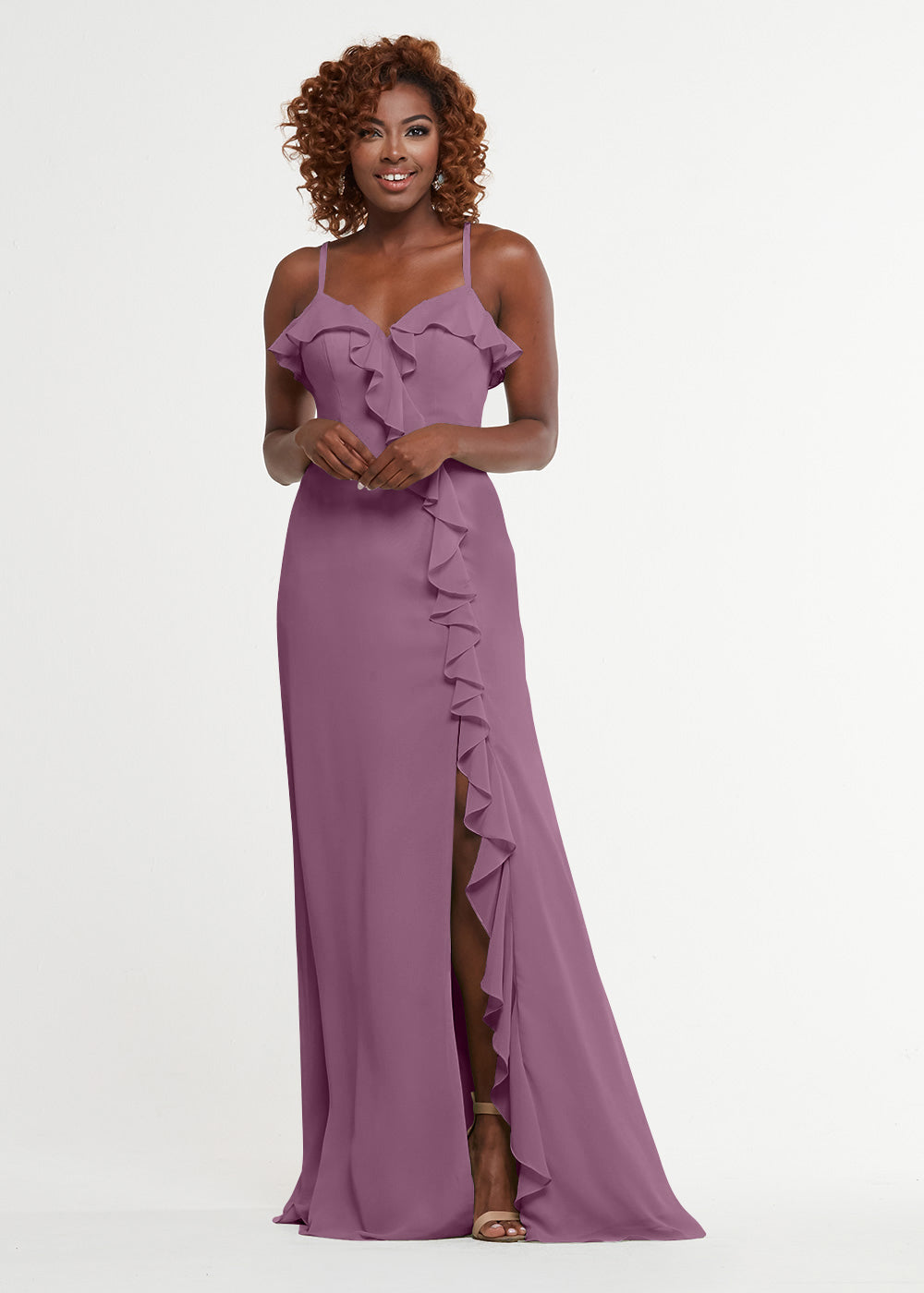Elegant 80174 Chiffon A-Line Bridesmaid Dress with Ruffles & High Slit - Perfect for Weddings, Prom & Formal Events