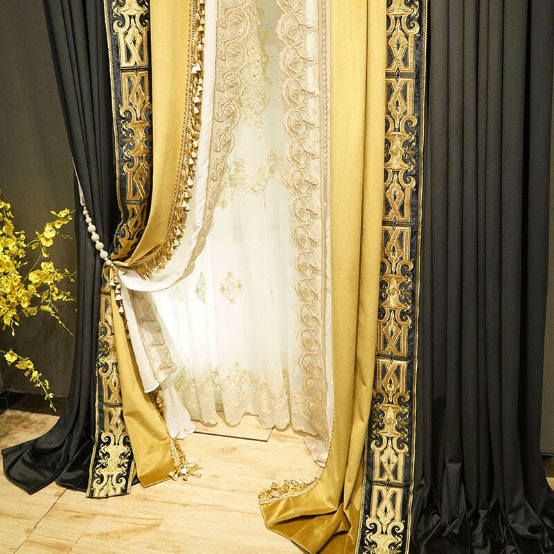 Luxury Retro Velvet Designer Curtains - Black & Yellow Drapes for Living Room, Bedroom & Home Theater - Premium Soundproof Window Treatments for Elegant Home Decor