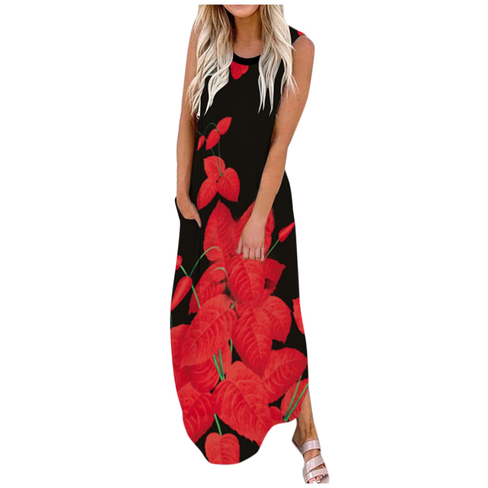 Women's Floral Print Sleeveless Maxi Dress with Pockets - Casual Loose Beach Dress for Summer Vacation, Travel, and Outdoor Parties - Black Shirt Dress