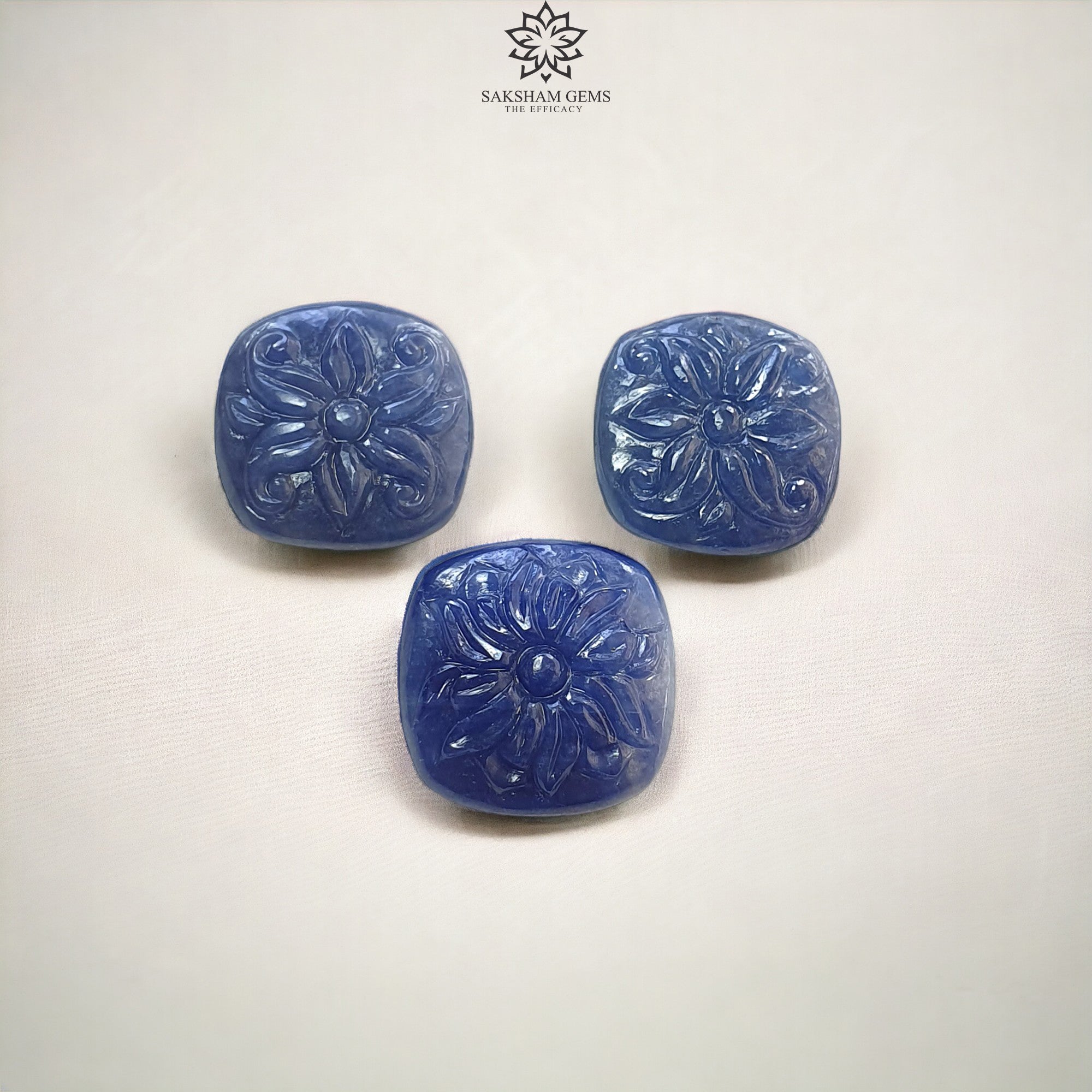 Natural Blue Sapphire Gemstone Carving - 45.00cts Untreated Unheated Hand-Carved Cushion Shape (16x18mm & 17x19mm, 3pcs) | Perfect for Jewelry Making, Engagement Rings & Luxury Gifts