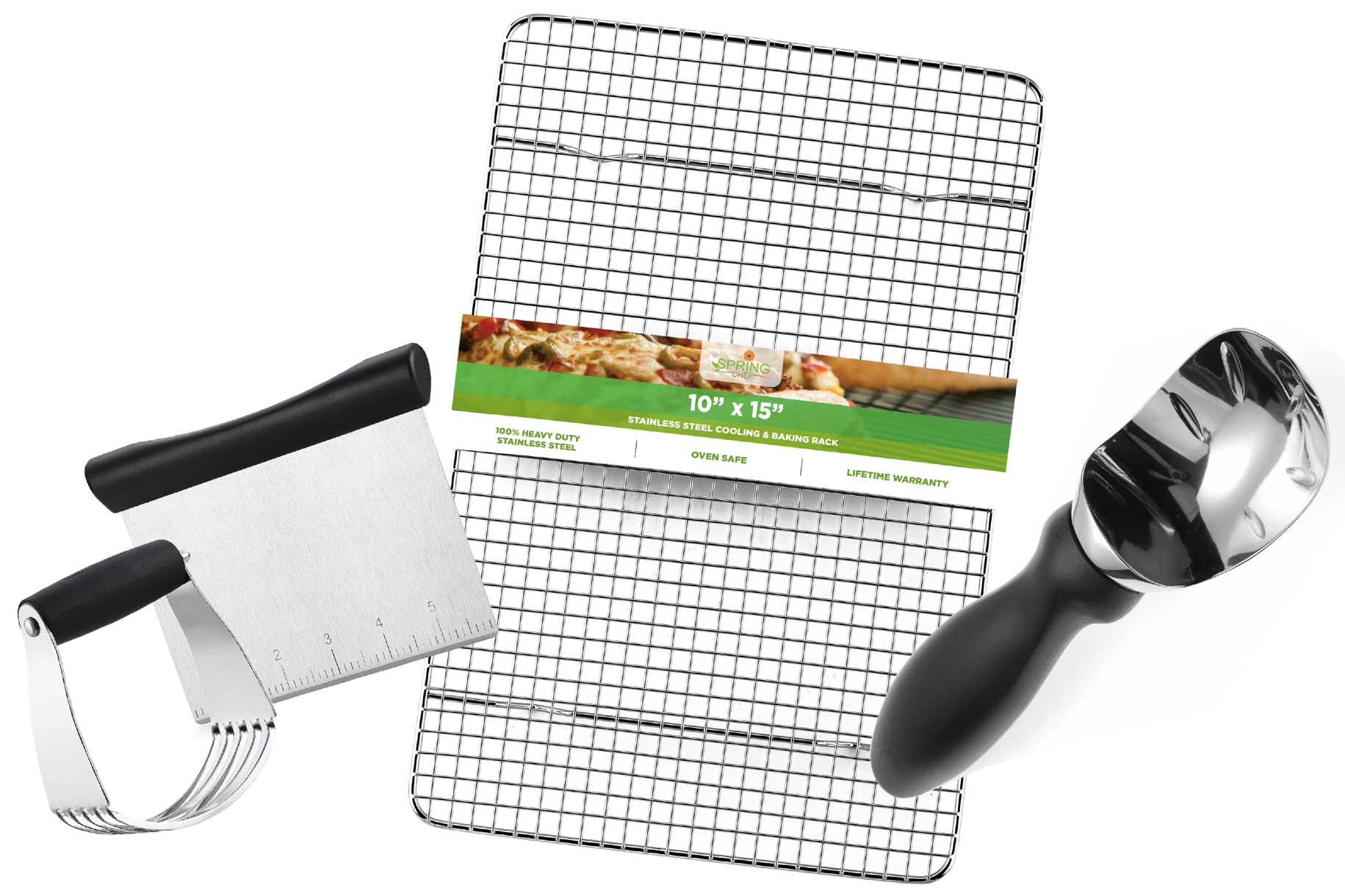 Spring Chef Pie Baking Kit - Stainless Steel Ice Cream Scoop, Dough Blender, Bench Scraper & 10x15 Inch Cooling Rack | Perfect for Homemade Pies, Cookies & Pastries | Essential Baking Tools for Home Bakers & Professional Chefs