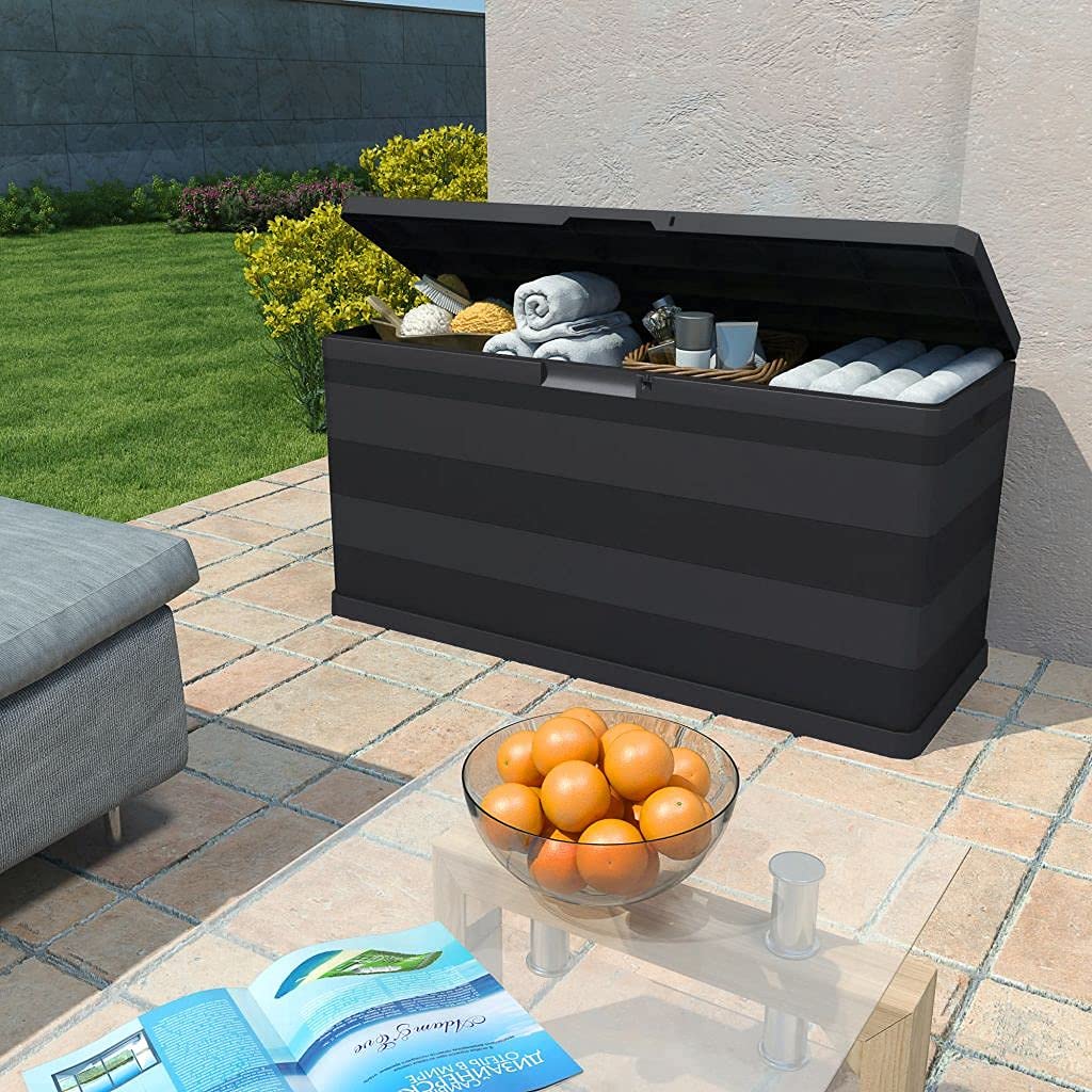 74 Gallon Weatherproof Deck Storage Box with Lockable Lid - Outdoor & Indoor Garden Organizer for Patio Furniture, Pool Toys & Yard Tools - Black (46.1