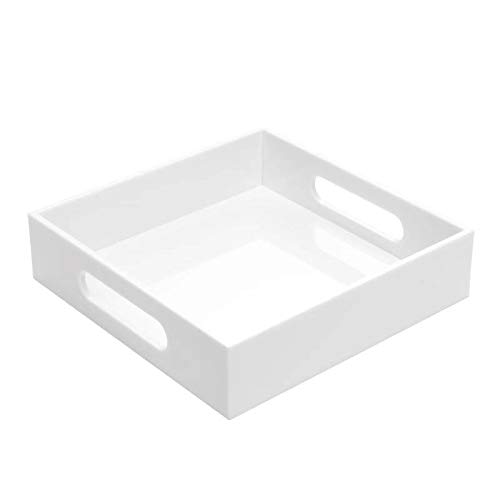 White Sturdy Acrylic Tray with Handles - 8x8 Inch Multipurpose Organizer for Kitchen, Bathroom & Office - Storage Box for Cosmetics, Jewelry, Toiletries, Toys & Gadgets - Perfect for Vanity, Dresser & Countertop Organization