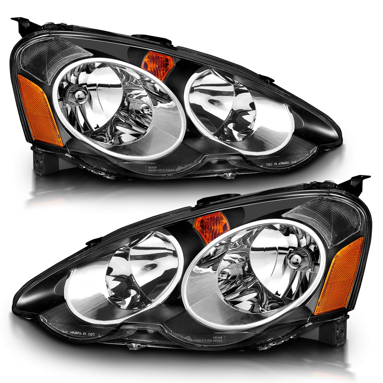 2002-2004 Acura RSX Honda Integra DC5 Black Replacement Headlights with Turn Signal Light Assembly Set - Left & Right Pair - Perfect for Night Driving & Car Restoration Projects