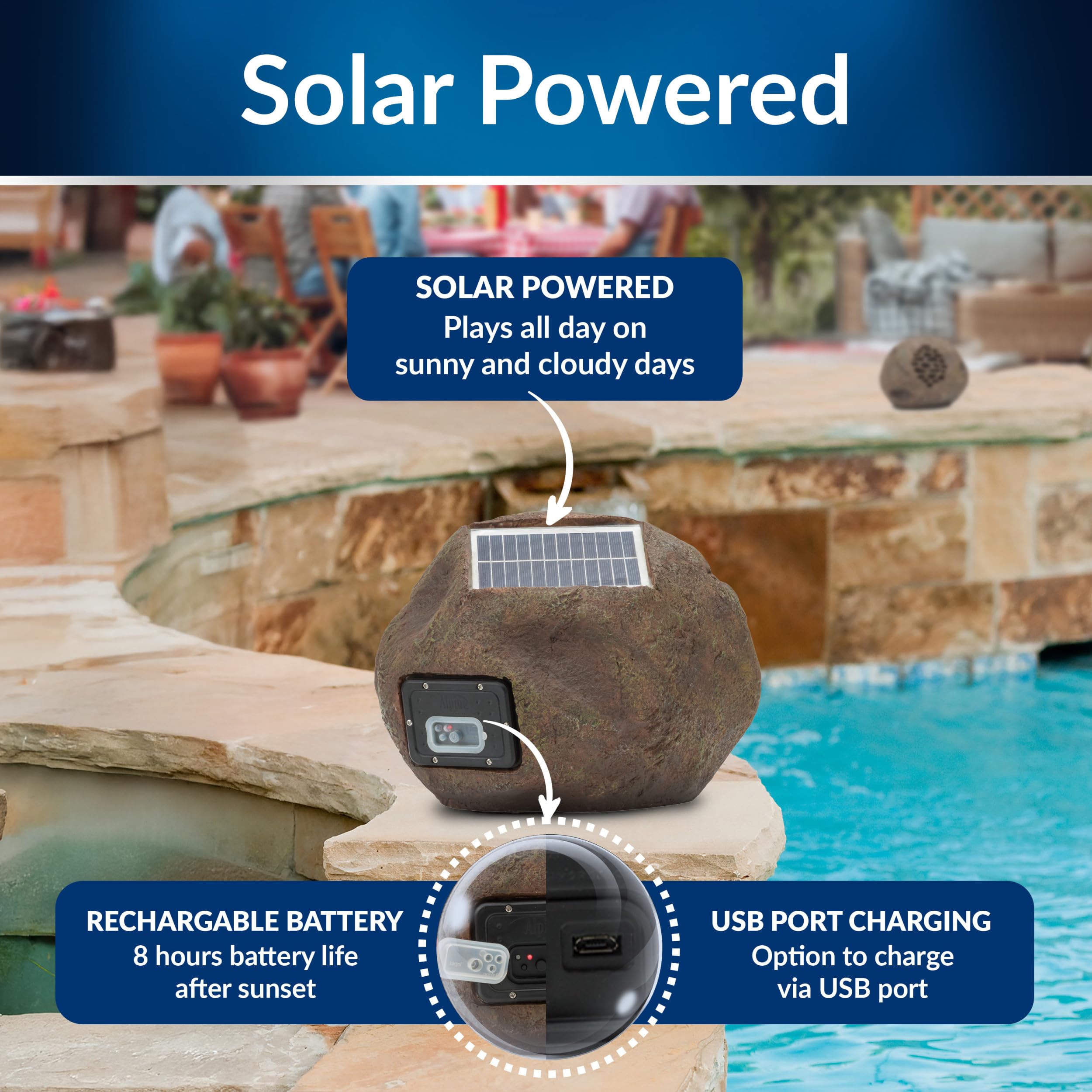 Alpine Corporation Waterproof Bluetooth Solar-Powered Outdoor Wireless Rock Speakers (Set of 2) – 50ft Range, Durable Wireless Sound System for Patio, Garden, Yard & Pool – Perfect for Outdoor Parties, BBQs & Backyard Relaxation