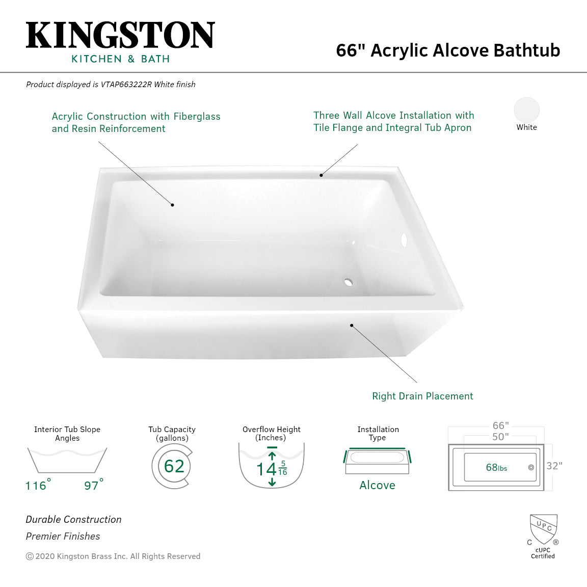 Aqua Eden VTAP663222R 66-Inch Acrylic Rectangular 3-Wall Alcove Bathtub - Right Hand Drain, Glossy White - Perfect for Modern Bathroom Renovations & Spa-Like Relaxation