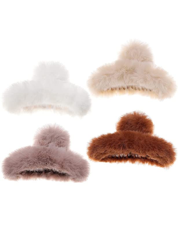 Shidara Faux Fur Hair Clips - Winter Fuzzy Claw Clips for Thick & Thin Hair | Long Fur Preppy Hair Accessories for Women & Girls (4-Piece Set, Multi-Color) | Perfect for Winter Fashion, Daily Styling & Holiday Outfits