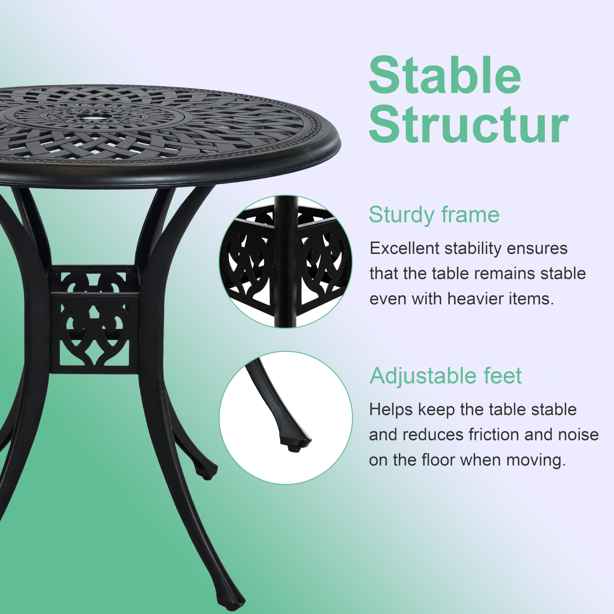 30.3 Inch Round Outdoor Patio Dining Table - Heavy Duty Cast Aluminum All-Weather Metal Bistro Table with Umbrella Hole - Perfect for Backyard, Garden, Balcony, Poolside & Outdoor Entertaining - Black