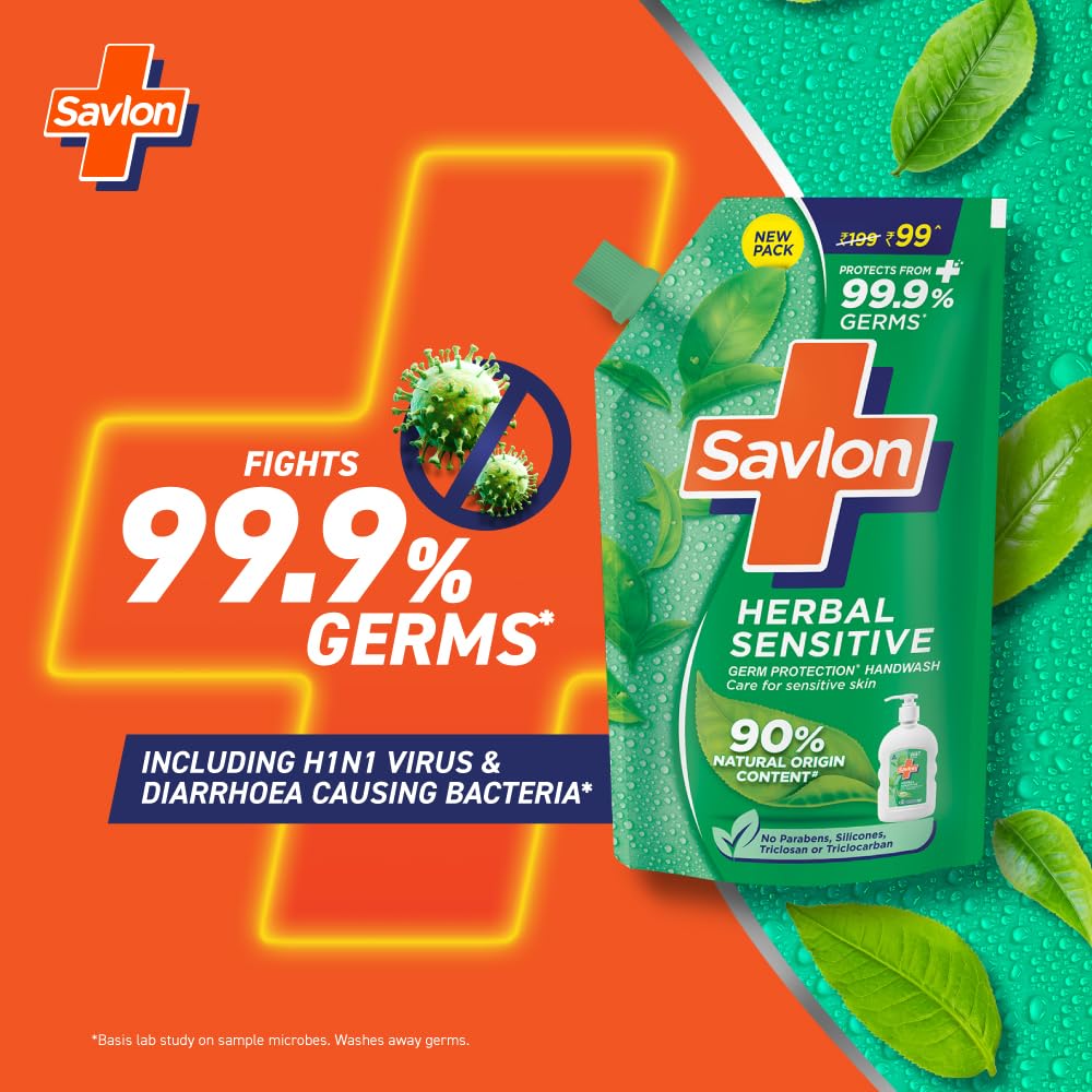 Savlon Herbal Sensitive pH Balanced Liquid Handwash Refill Pouch - 675ml | 90% Natural Ingredients | 99.9% Germ Protection | Gentle for Sensitive Skin | Ideal for Home, Office & Public Spaces