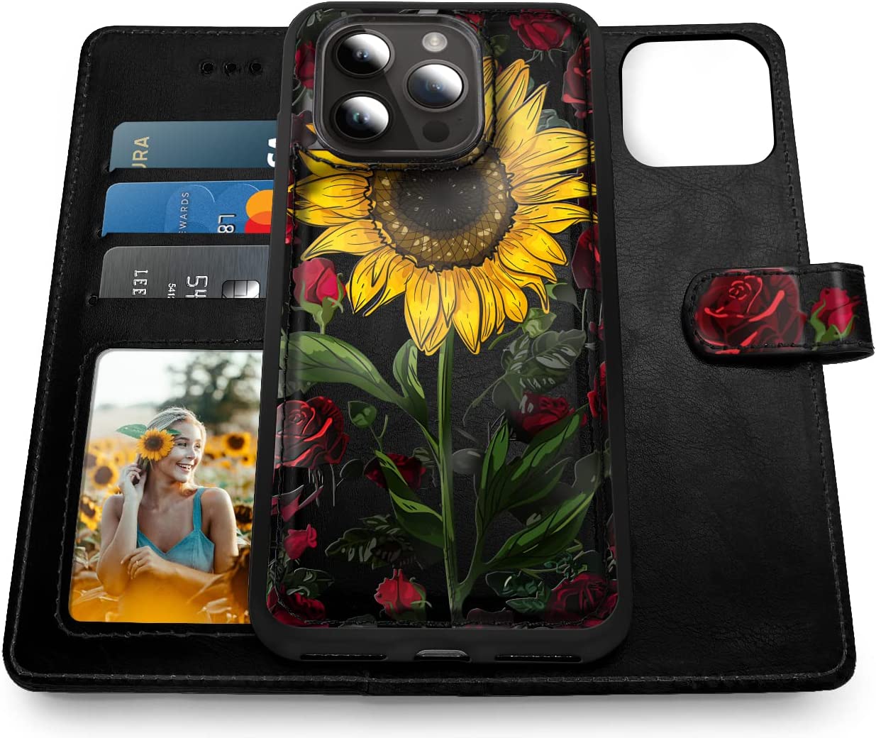 iPhone 14 Pro Max Magnetic Wallet Case with Detachable Design - Rose Flower & Sunflower Patterns | Perfect for Everyday Use, Travel & Hands-Free Convenience