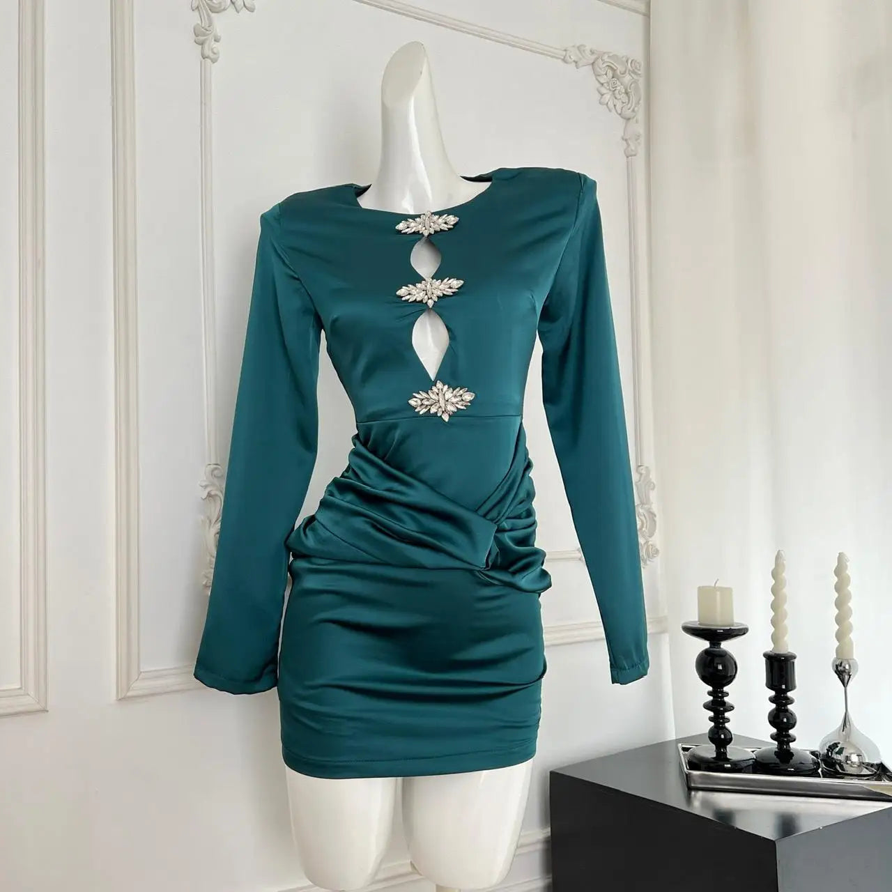 2024 Autumn Women's Green Diamond Elegant Wrap Hip Pleated Short Dress - Round Neck Hollow Out Sexy Party Evening Dress for Festival, Club & Date Night