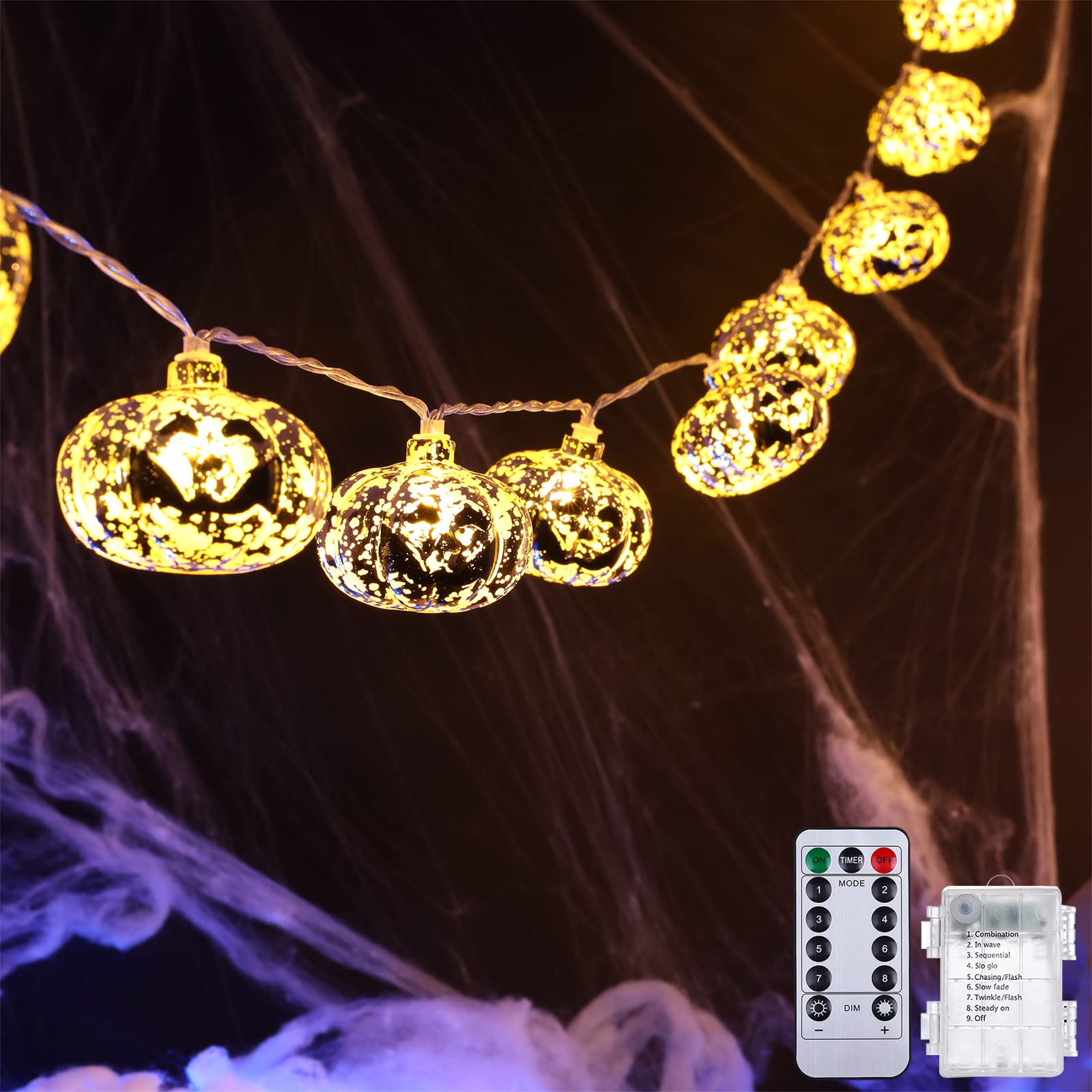 20 LED Golden Pumpkin String Lights with Remote - 8 Modes, Waterproof Halloween Decorations for Indoor/Outdoor Use | Battery Operated Party Lights for Terrace, Fireplace, Yard & Home Decor (4 Pack)