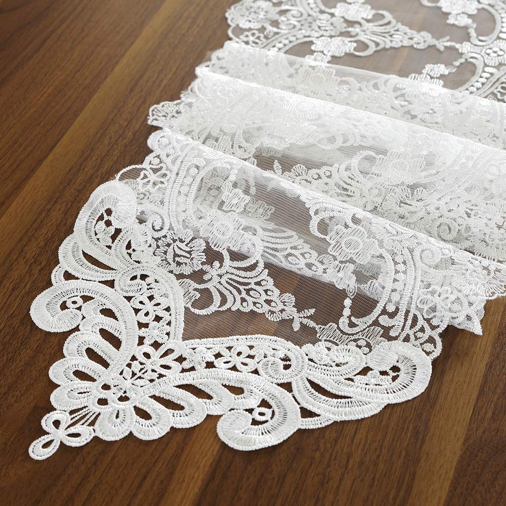 ARTABLE Vintage Lace Table Runner - 10 x 47 Inch Macrame Embroidered Dresser Scarf with Exquisite Floral Design, Shabby Chic Decor for Wedding, Holiday & Dining Room - Perfect for Farmhouse, Boho & Rustic Home Decor (White)