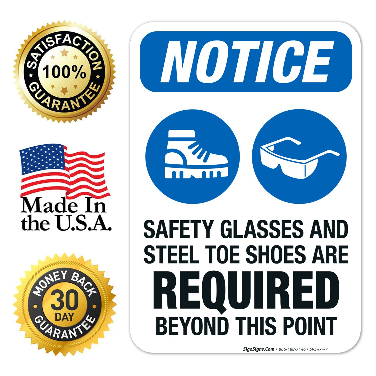 OSHA Safety Sign - 'Safety Glasses & Steel Toe Shoes Required Beyond This Point' - 10x7 Inch Vinyl Decal, Weatherproof & UV Resistant (Made in USA) - Perfect for Construction Sites, Warehouses & Industrial Work Zones