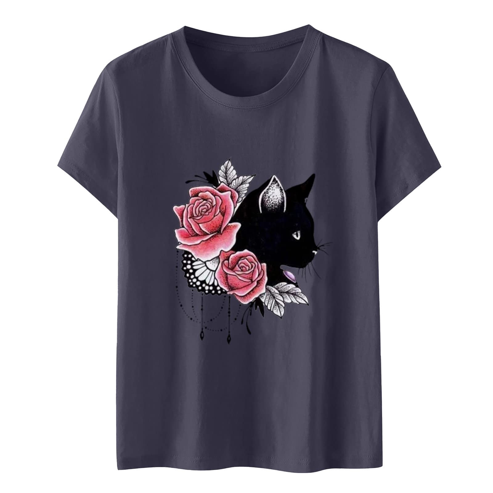 Cute Cat Graphic T-Shirt for Women - Loose Fit Casual Short Sleeve Pullover Top | Summer Blouses & Fashion Tops | Perfect for Casual Outings, Beach Days & Weekend Wear
