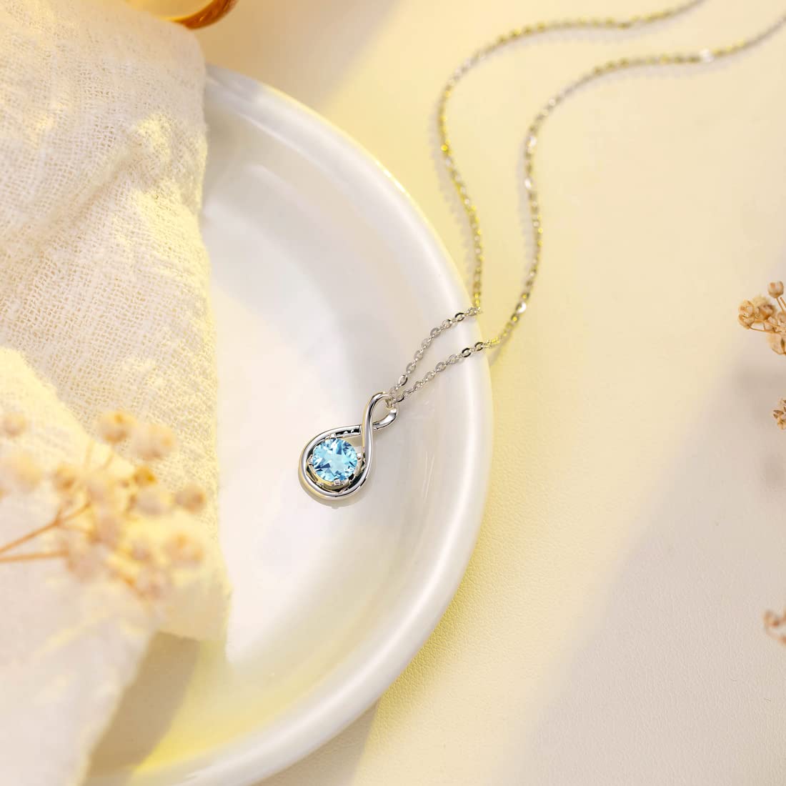 14K Solid White Gold Birthstone Pendant with Sterling Silver Chain - Infinity Gemstone Necklace for Women | Fine Jewelry Gift for Anniversary, Birthday, Christmas | Perfect for Weddings, Date Nights & Special Occasions