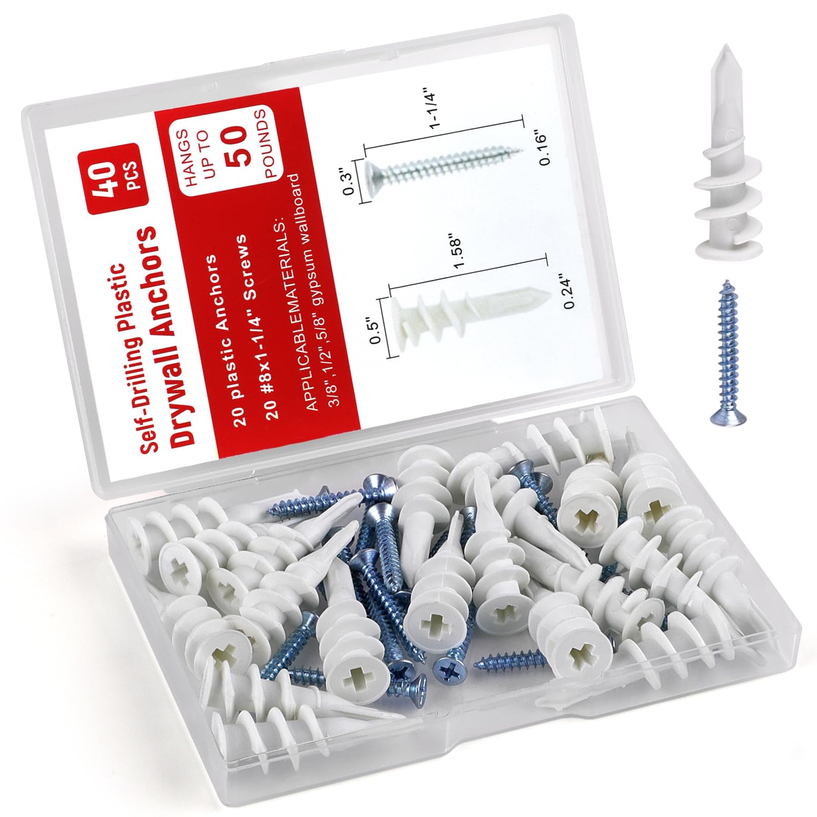#8 Drywall Anchors 40Pcs - Heavy Duty Plastic Self Drilling Wall Anchors with Screws for Hanging & Mounting (20 Self-Tapping Sheetrock Anchors + 20 #8x1-1/4