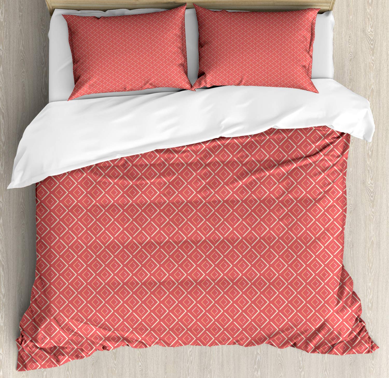 Ambesonne Geometric Duvet Cover Set King Size - 2 Pack Chevron Diamond Pattern Bedding with 2 Duvet Covers & 4 Pillowcases, Coral Cream Salmon - Modern Home Decor for Master Bedroom & Guest Room