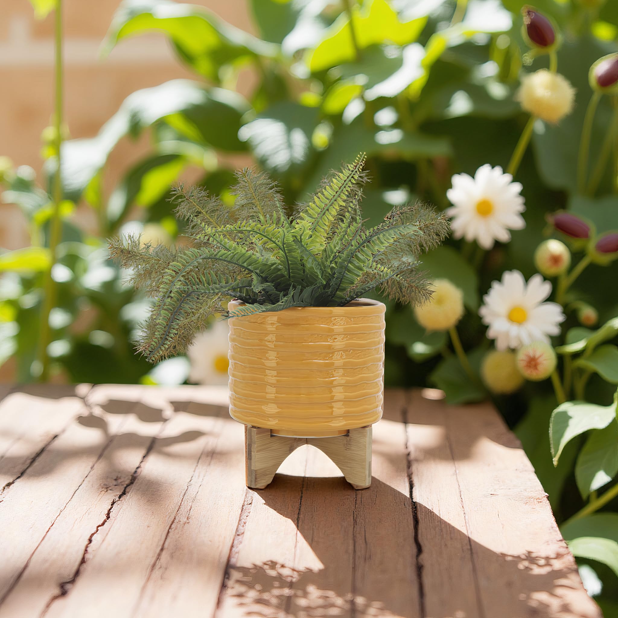 Sagebrook Home Modern Yellow Ceramic Planter with Wood Stand - 8