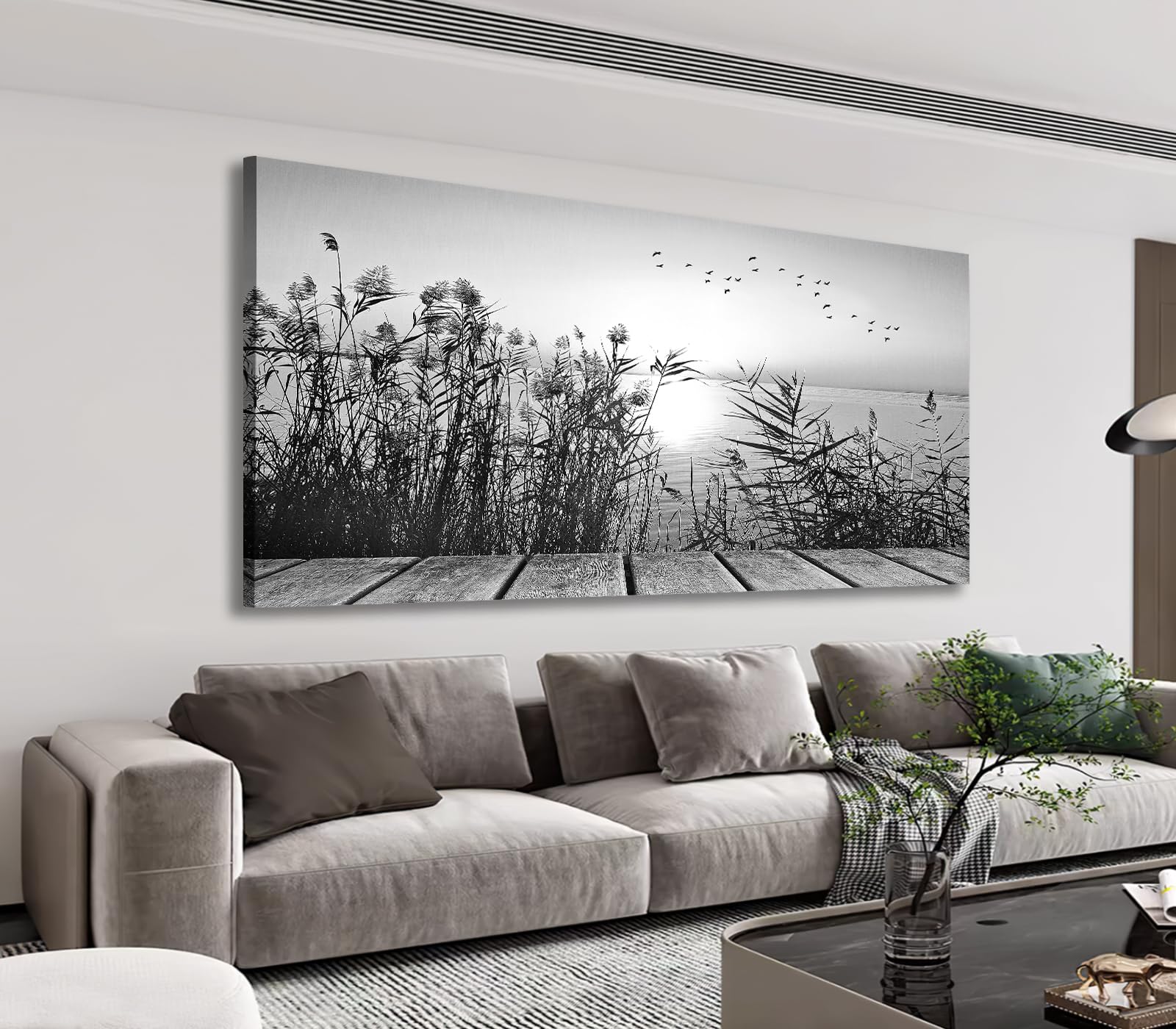Sunset Lake Wall Art - Black & White Nature Canvas Print with Botanical Reeds & Flying Birds - Large 24x48 Inch Modern Home Decor for Living Room, Bedroom, Dining Room, Kitchen & Office - Perfect for Nature Lovers & Contemporary Interior Design