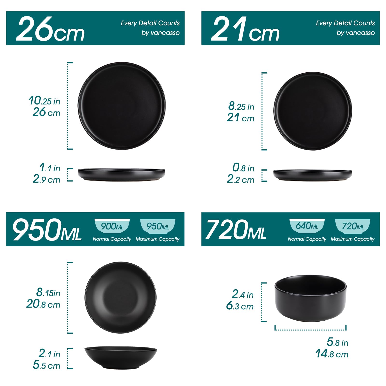 Vancasso PLAYA Series 24-Piece Black Stoneware Dinner Set - Matte Plates & Bowls for 6 People (6 Dinner Plates, 6 Dessert Plates, 6 Soup Bowls, 6 Cereal Bowls) - Elegant Tableware for Restaurants, Weddings & Family Dining