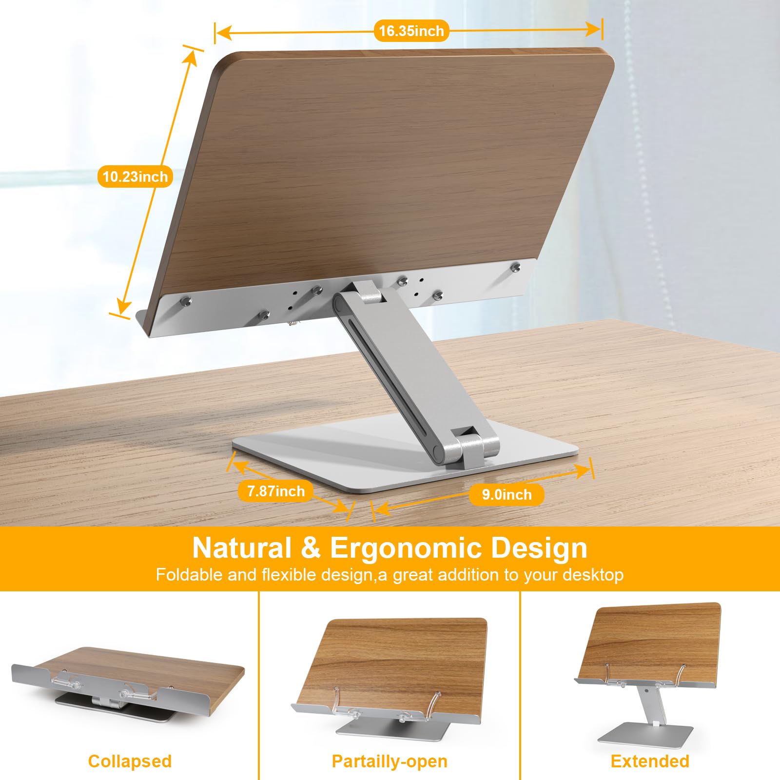 Adjustable Book Stand for Reading - Foldable Desktop Cookbook Holder with Page Clips | Perfect for Kitchen, Home Office, Study & Tablet/Kindle Use | Durable Reading Stand for Cookbooks, Laptops & E-Readers
