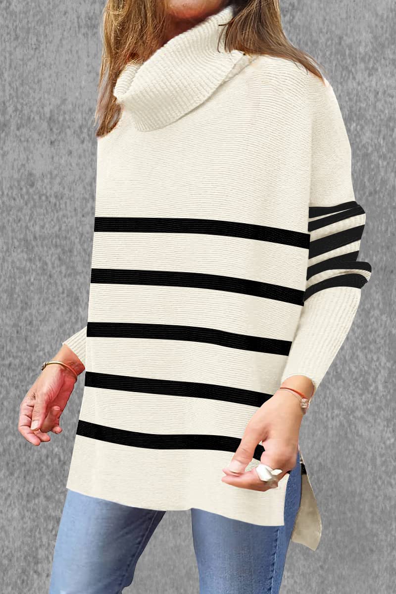 Women's Oversized Turtleneck Sweater - Long Sleeve Striped Knit Pullover with Split Hem | Cozy Winter Fashion for Casual Outfits & Office Wear
