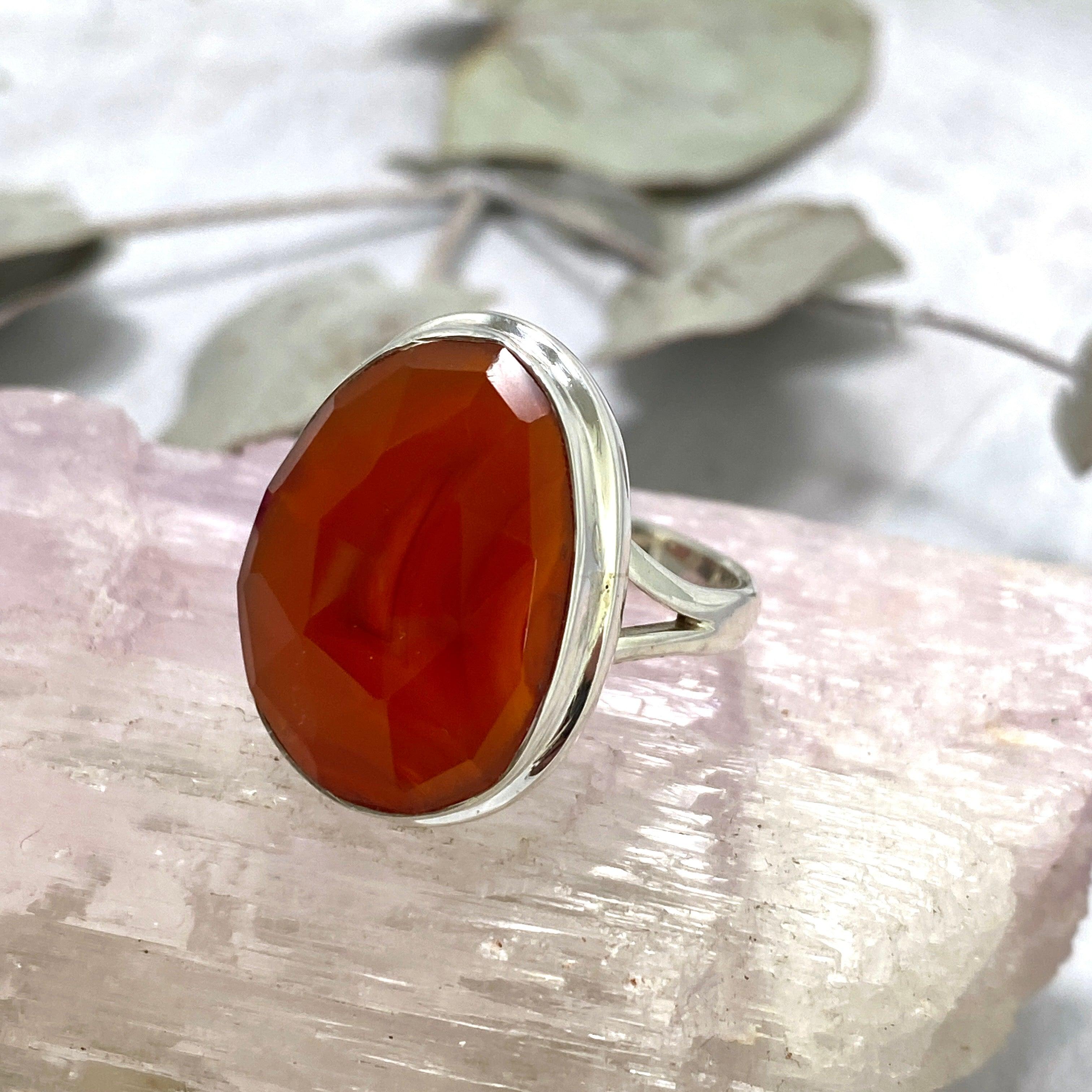 Natural Carnelian Oval Faceted Ring - Size 10 - KRGJ2554 - Elegant Jewelry for Women, Gift for Her, Wedding, Party & Special Occasions
