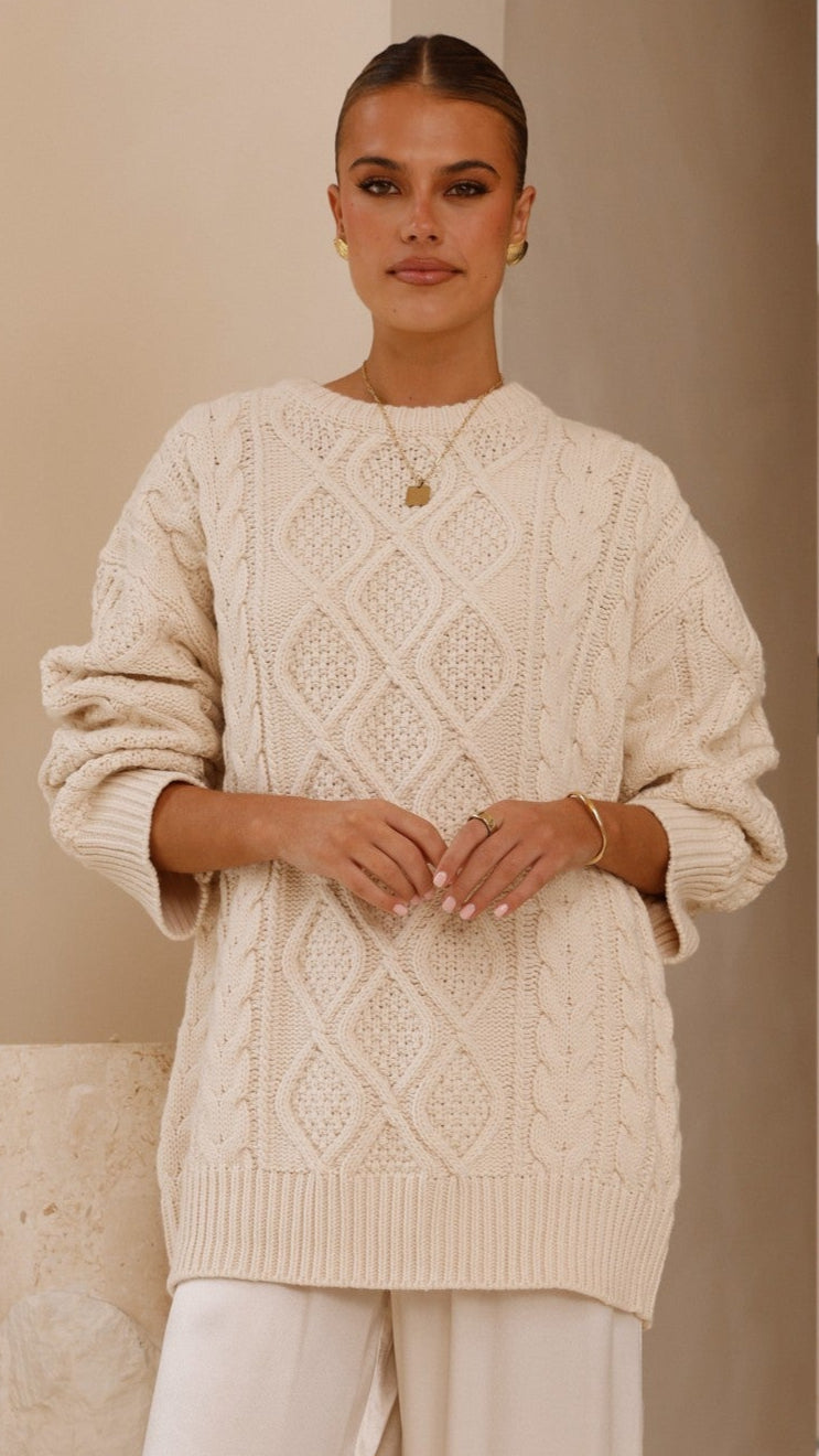 Luna Knit Sweater Women's Soft Cream Pullover - Cozy Winter Casual Wear for Office & Outings