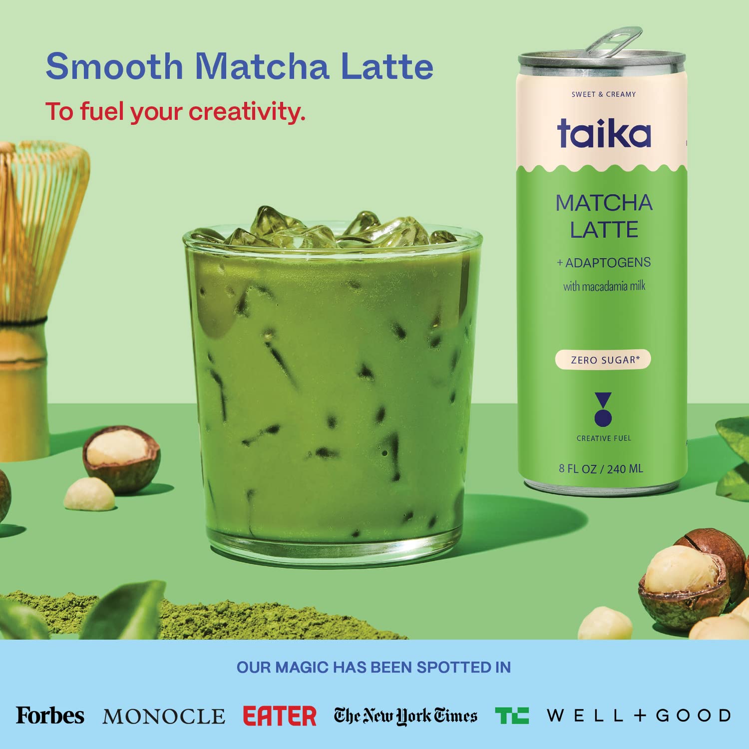 Organic Ceremonial Grade Matcha Latte with Ashwagandha - Taika Iced Matcha Latte, 8 Fl Oz (Pack of 12) | Perfect for Energy Boost, Focus & Relaxation at Work, Gym or Home