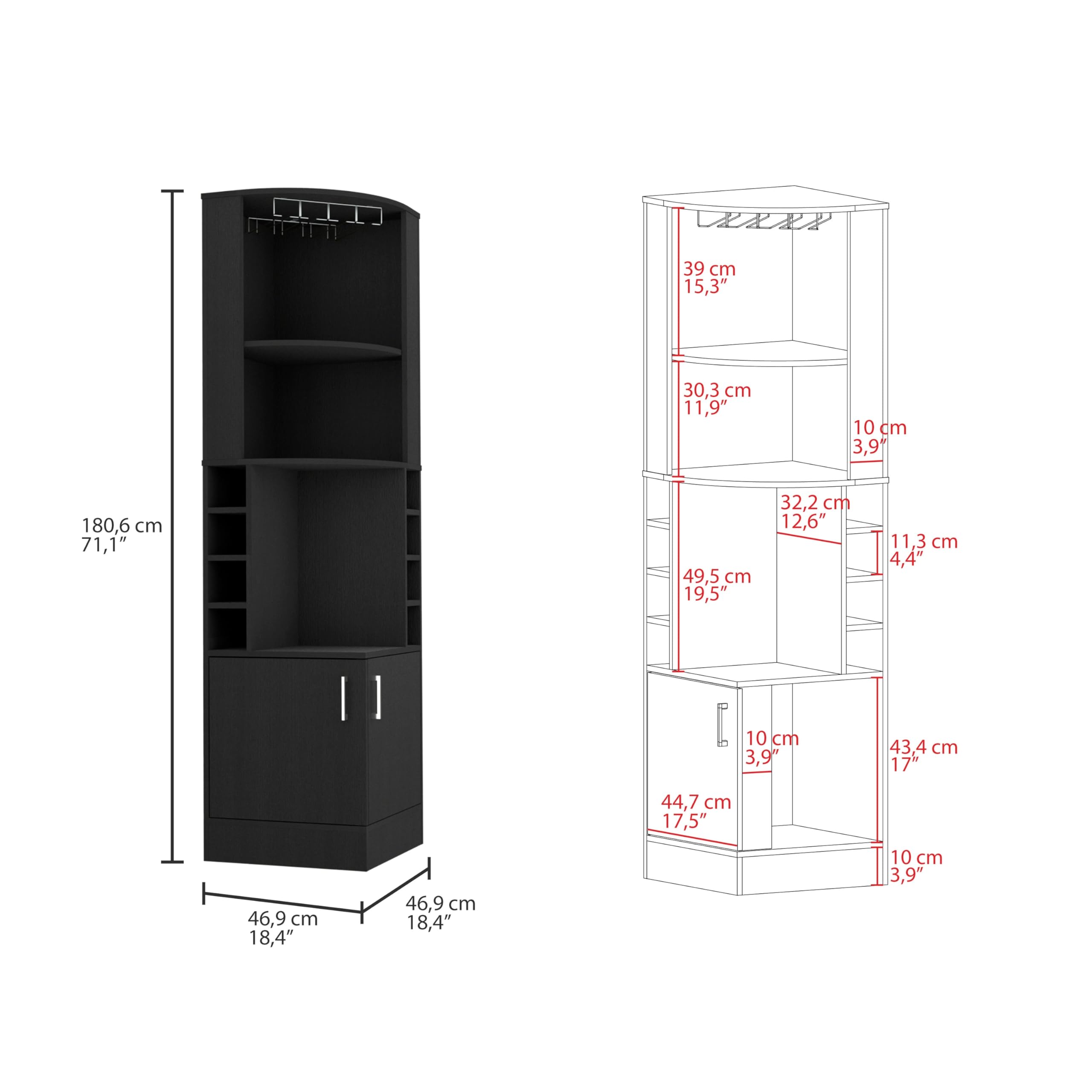 Tuhome Black Syrah Corner Bar Cabinet with 8 Bottle Cubbies, Double Doors & 2 Open Shelves - Space-Saving Home Bar for Living Room, Dining Room or Man Cave