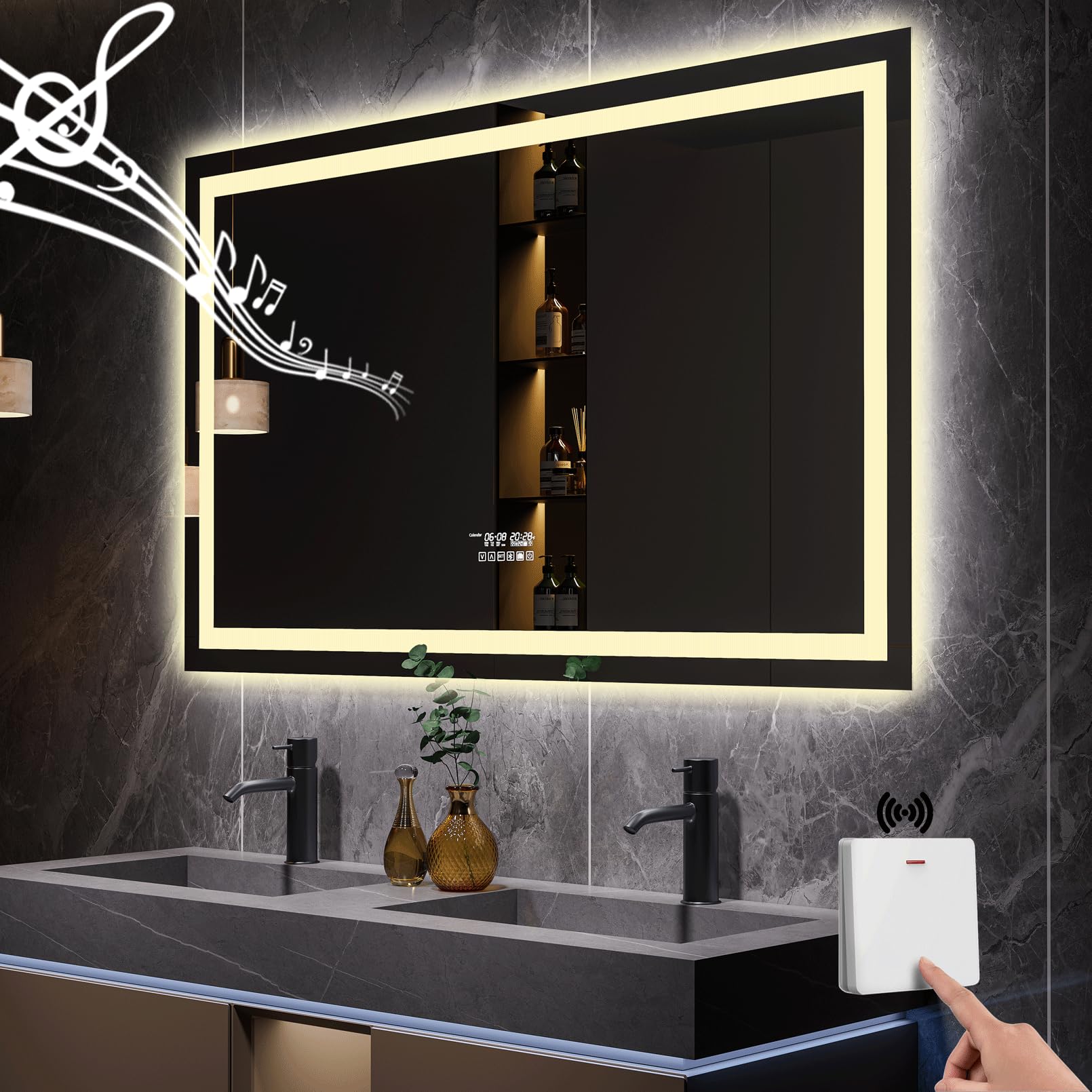 GESIPOR 48x36 Inch LED Bathroom Mirror with Wireless Speaker, Dimmable Backlit Vanity Mirror - Wall Mounted Anti-Fog Smart Mirror for Makeup (3000K/6000K Color Temperature) | Perfect for Modern Bathrooms, Bedroom Vanity & Spa-Like Home Decor