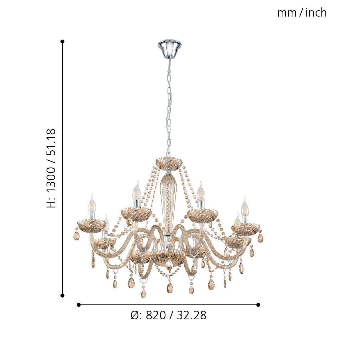 Eglo Basilano 8-Light Chrome & Cognac Glass Chandelier - Modern Crystal Ceiling Light Fixture for Dining Room, Living Room, Bedroom, and Foyer Lighting