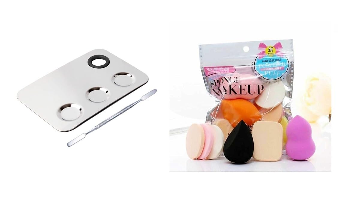 Stainless Steel Cosmetic Makeup Mixing Palette with Spatula & 6 Beauty Blender Sponges Set - Professional Makeup Kit for Foundation, Concealer & Cream Blending - Perfect for Makeup Artists & Beauty Enthusiasts