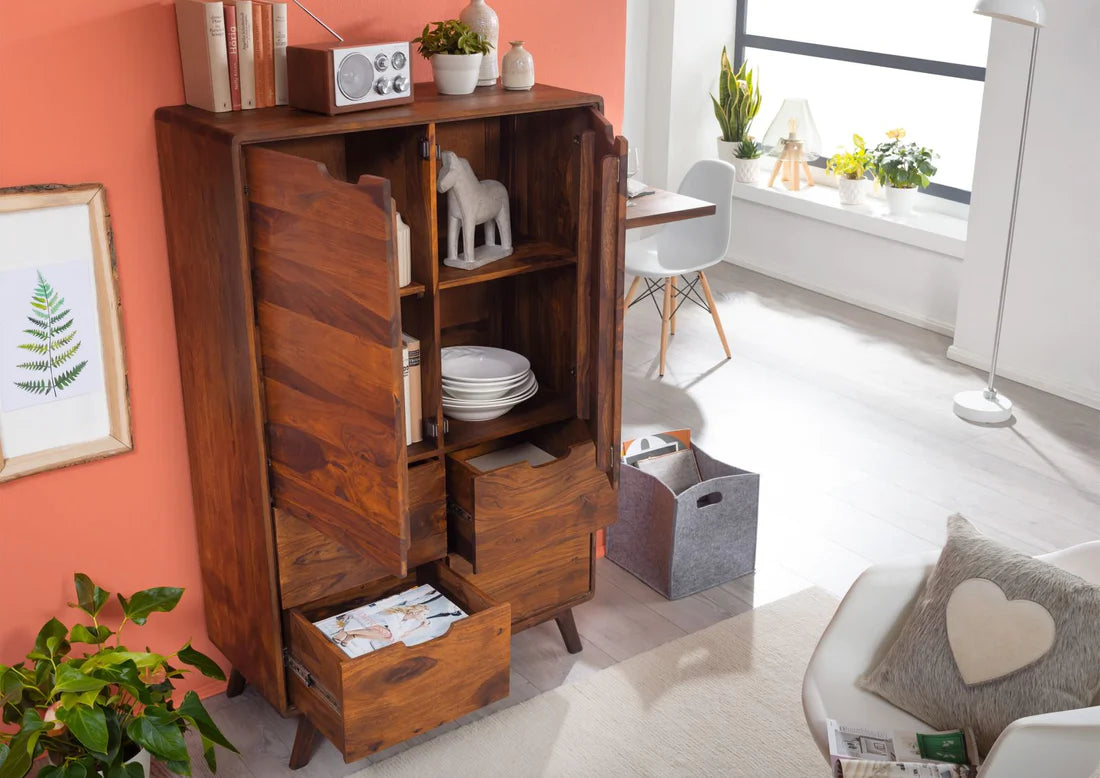 Gfine Solid Sheesham Wood Sideboard - 2 Doors & 4 Drawers, 89x45x145cm - Perfect for Living Room Storage & Dining Room Organization